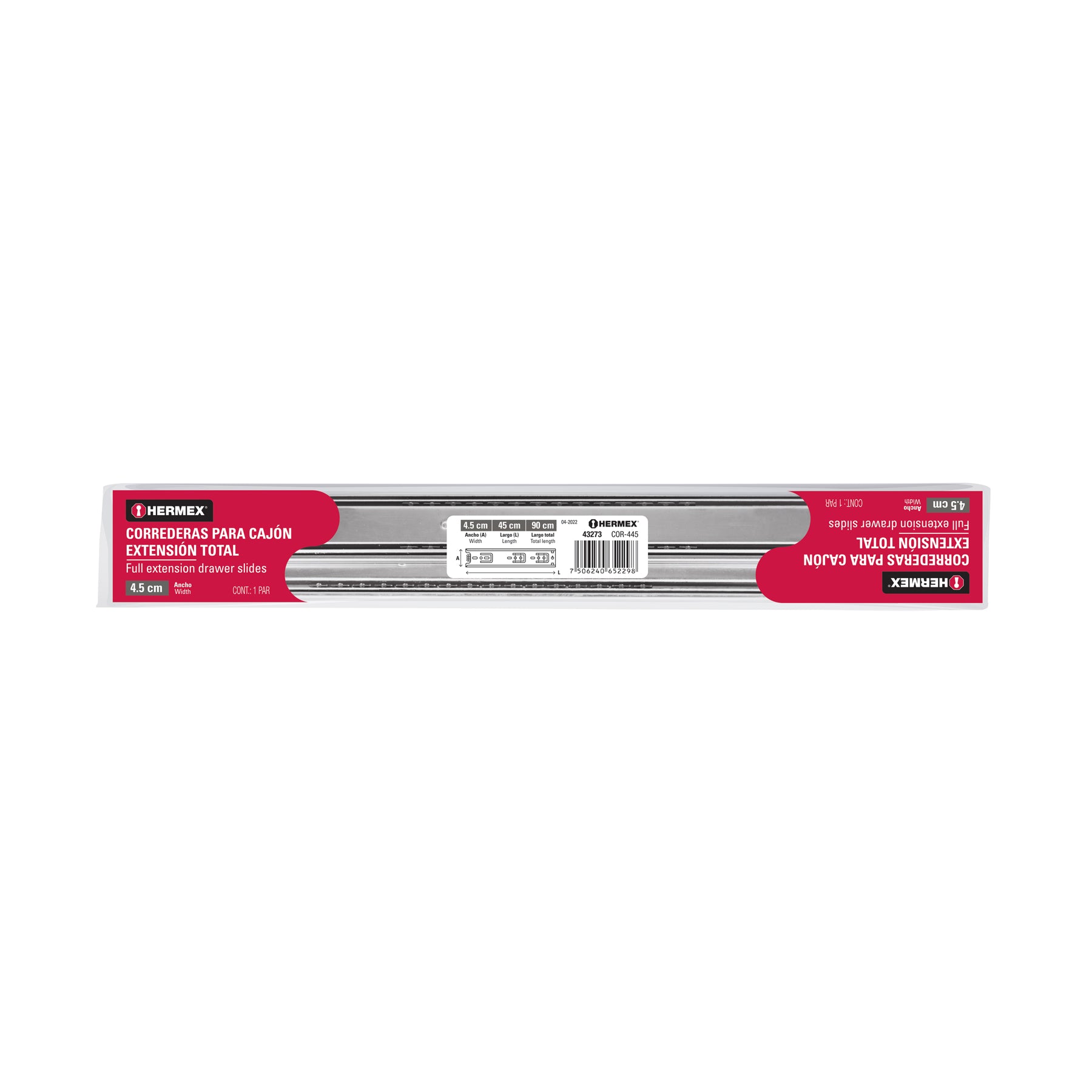 Corredera de extensión total 45mm, para cajón, 45cm, 2 pzas