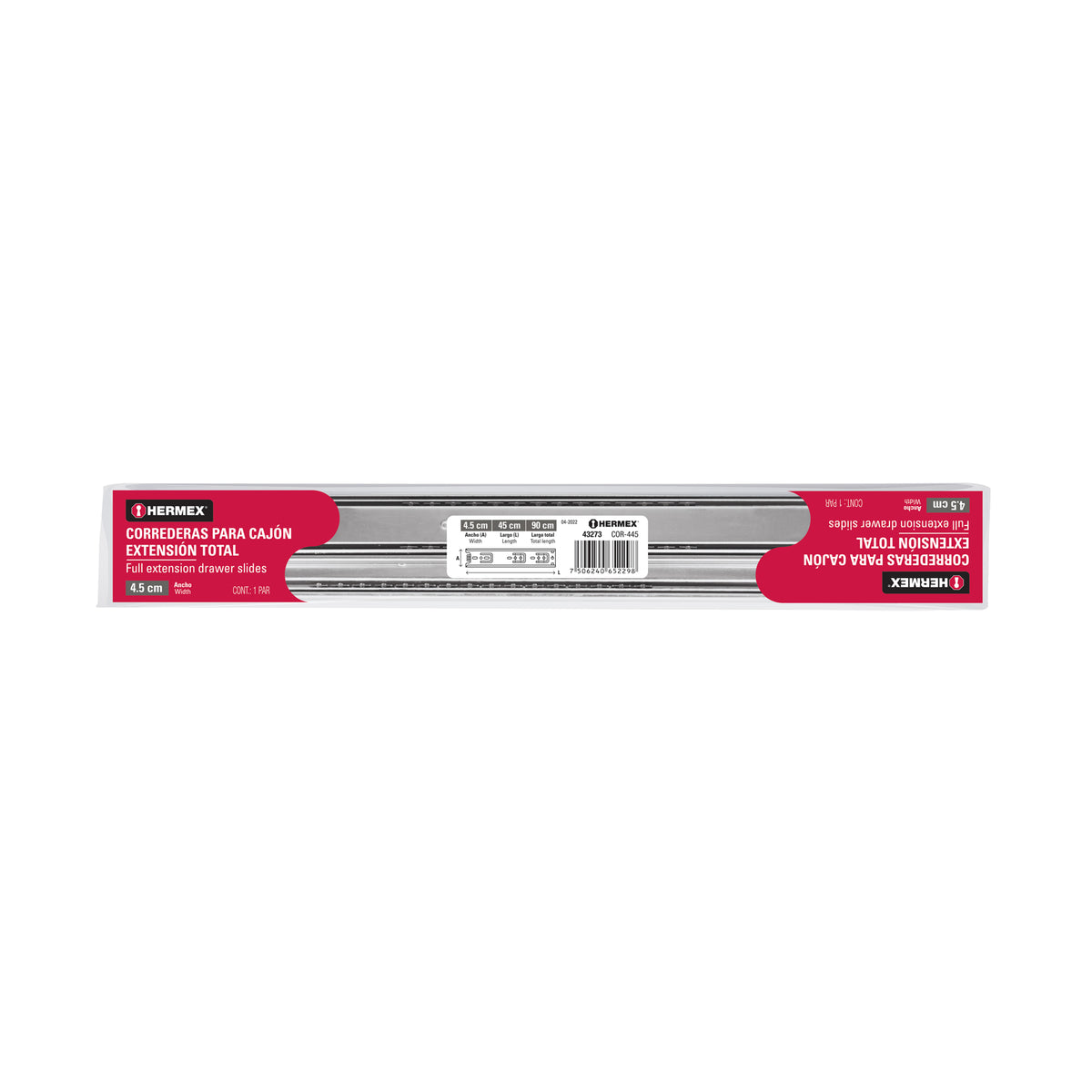 Corredera de extensión total 45mm, para cajón, 45cm, 2 pzas