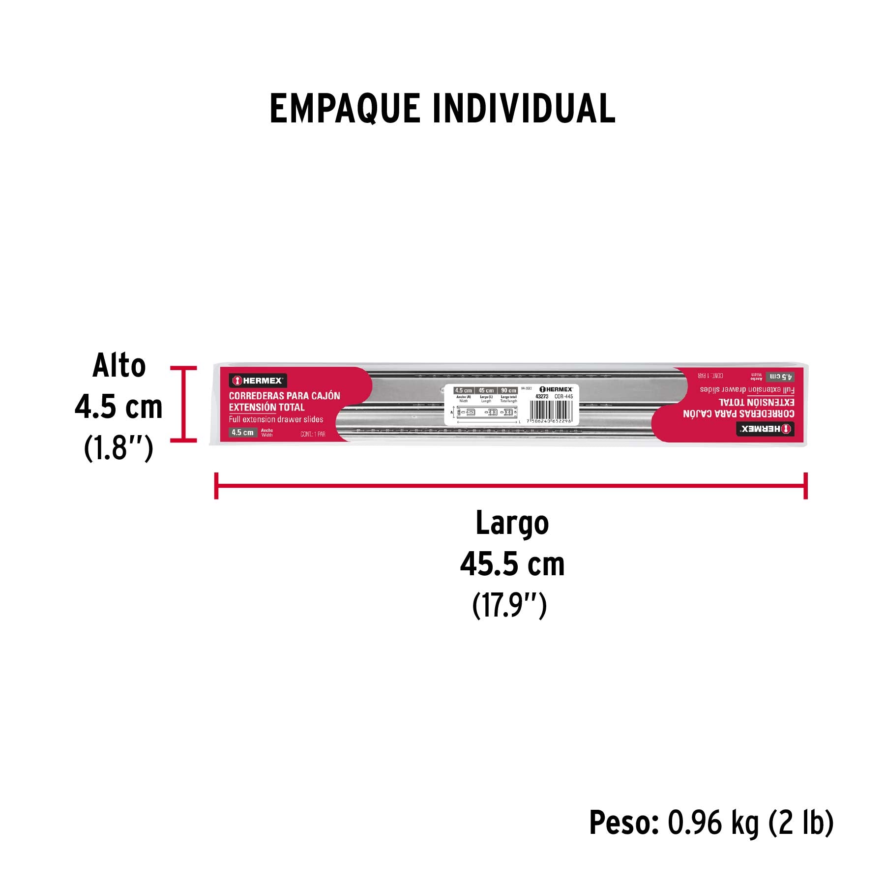 Corredera de extensión total 45mm, para cajón, 45cm, 2 pzas
