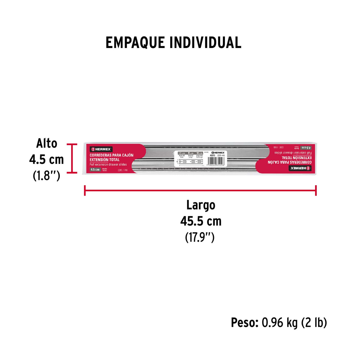 Corredera de extensión total 45mm, para cajón, 45cm, 2 pzas
