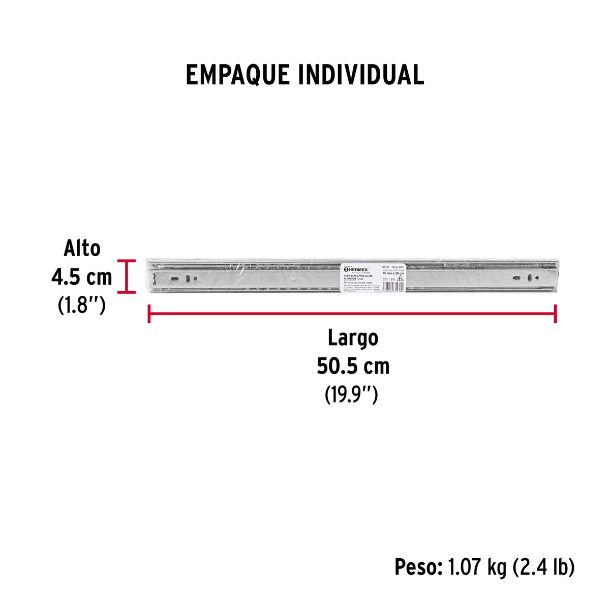 Corredera de extensión total 45mm, para cajón, 50cm, 2 pzas