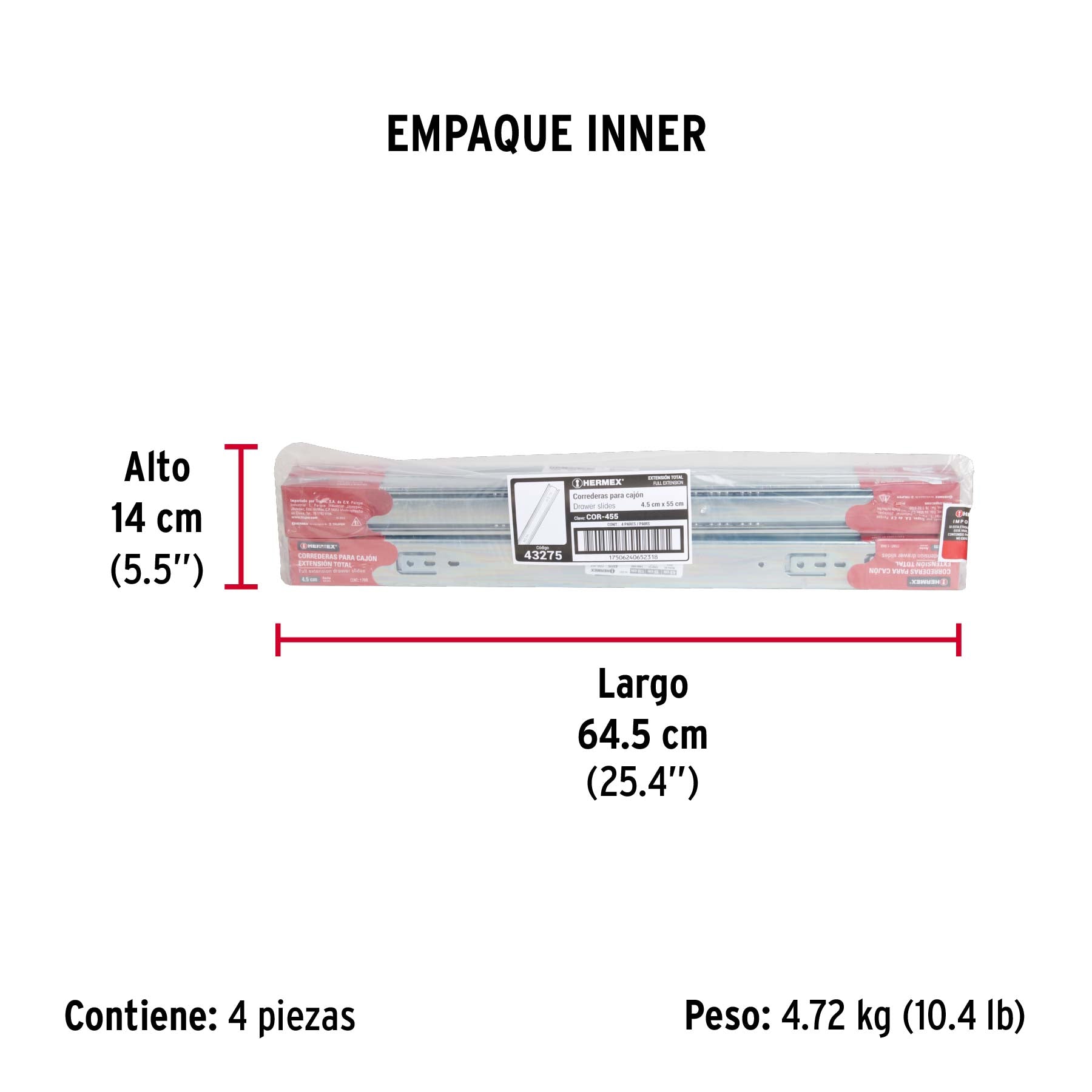 Corredera de extensión total 45mm, para cajón, 55cm, 2 pzas