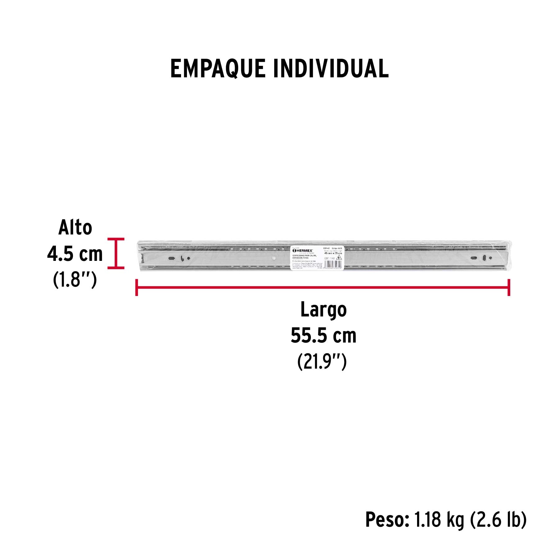 Corredera de extensión total 45mm, para cajón, 55cm, 2 pzas