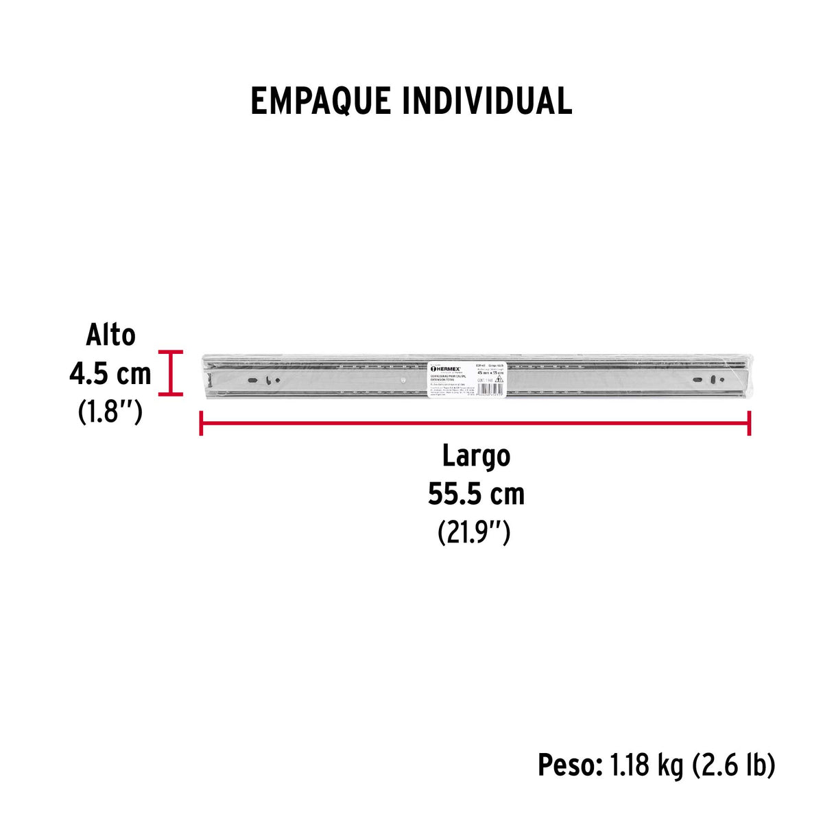 Corredera de extensión total 45mm, para cajón, 55cm, 2 pzas
