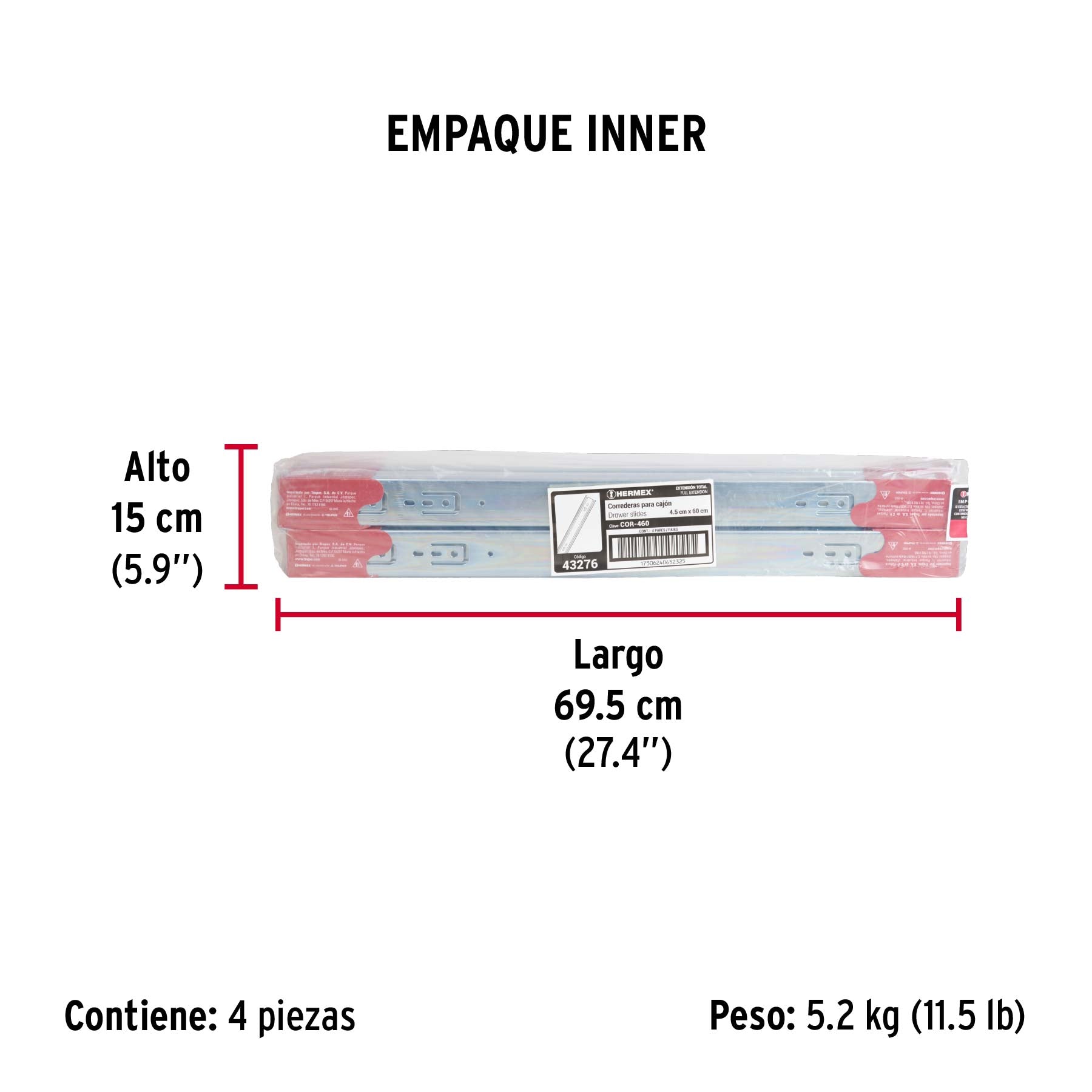 Corredera de extensión total 45mm, para cajón, 60cm, 2 pzas