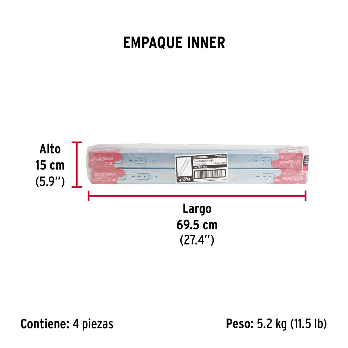 Corredera de extensión total 45mm, para cajón, 60cm, 2 pzas