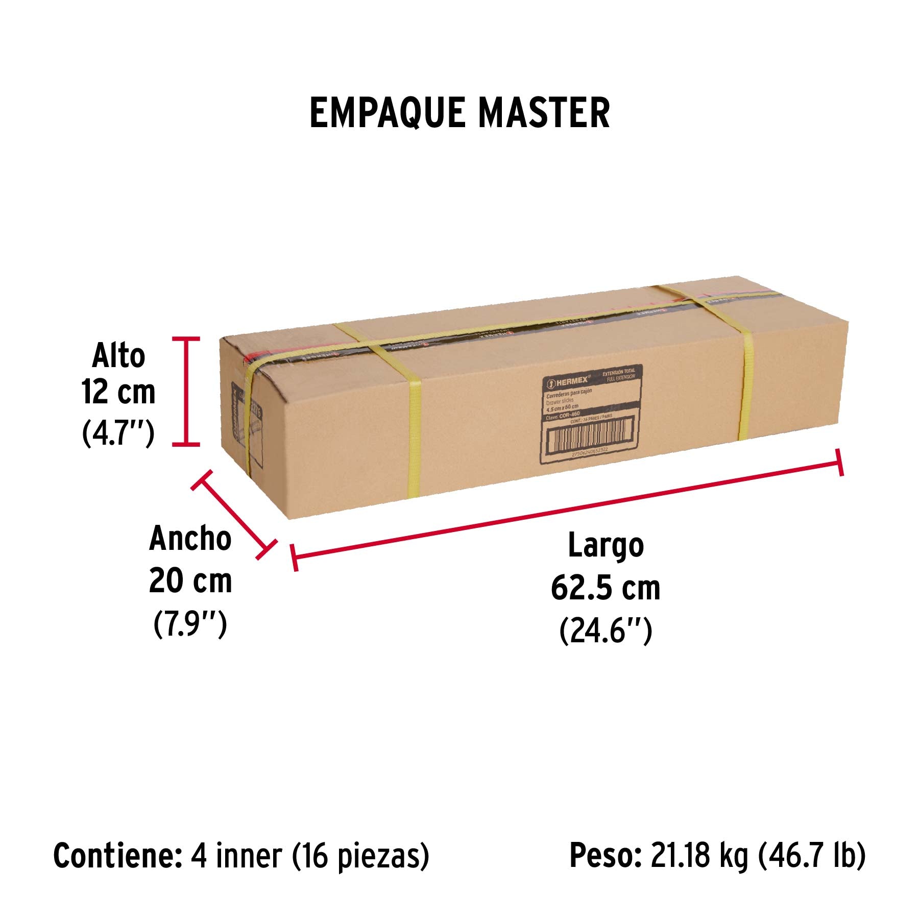 Corredera de extensión total 45mm, para cajón, 60cm, 2 pzas