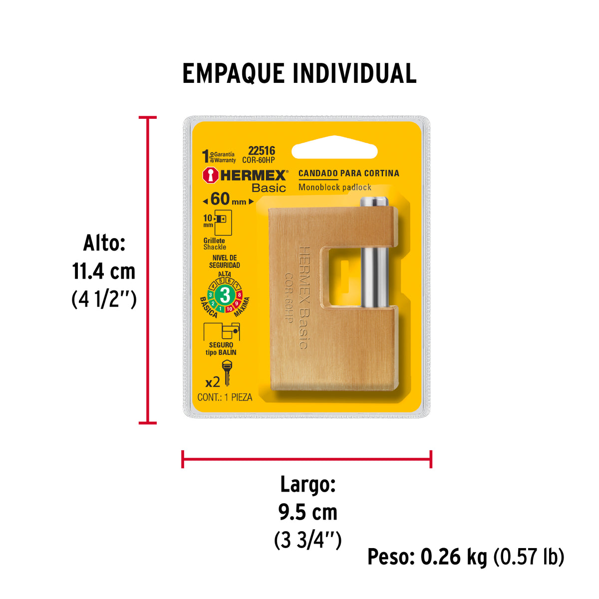 Candado antipalanca, 60mm, cuerpo de hierro, Hermex Basic