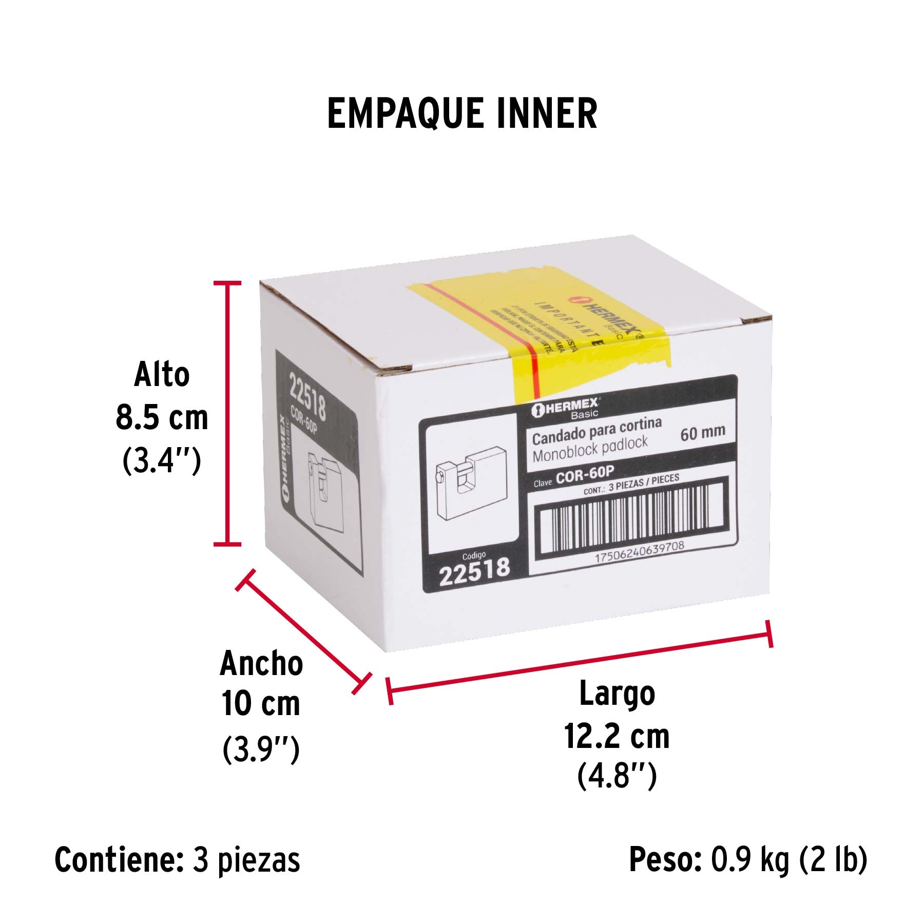 Candado antipalanca, 60mm, cuerpo de latón, Hermex Basic