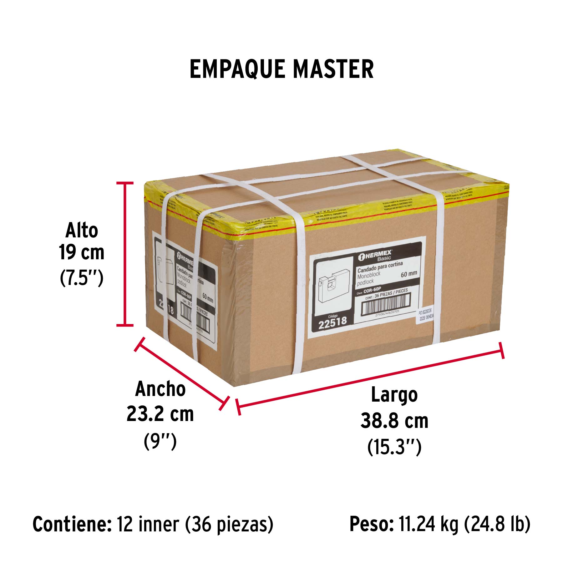 Candado antipalanca, 60mm, cuerpo de latón, Hermex Basic