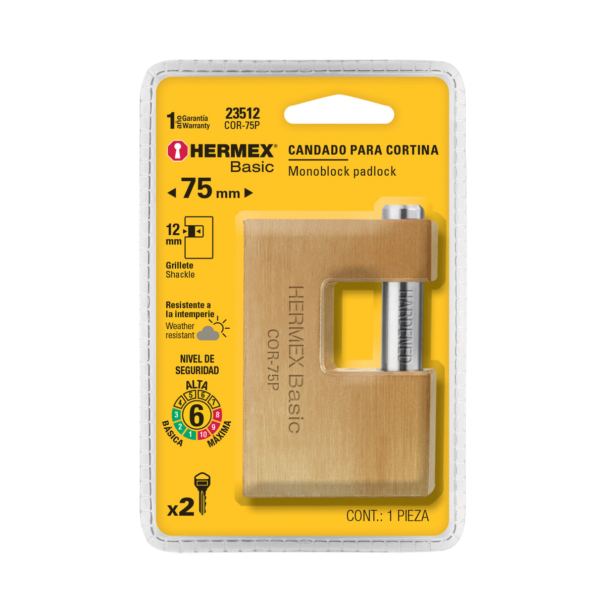 Candado antipalanca, 75mm, cuerpo de latón, Hermex Basic