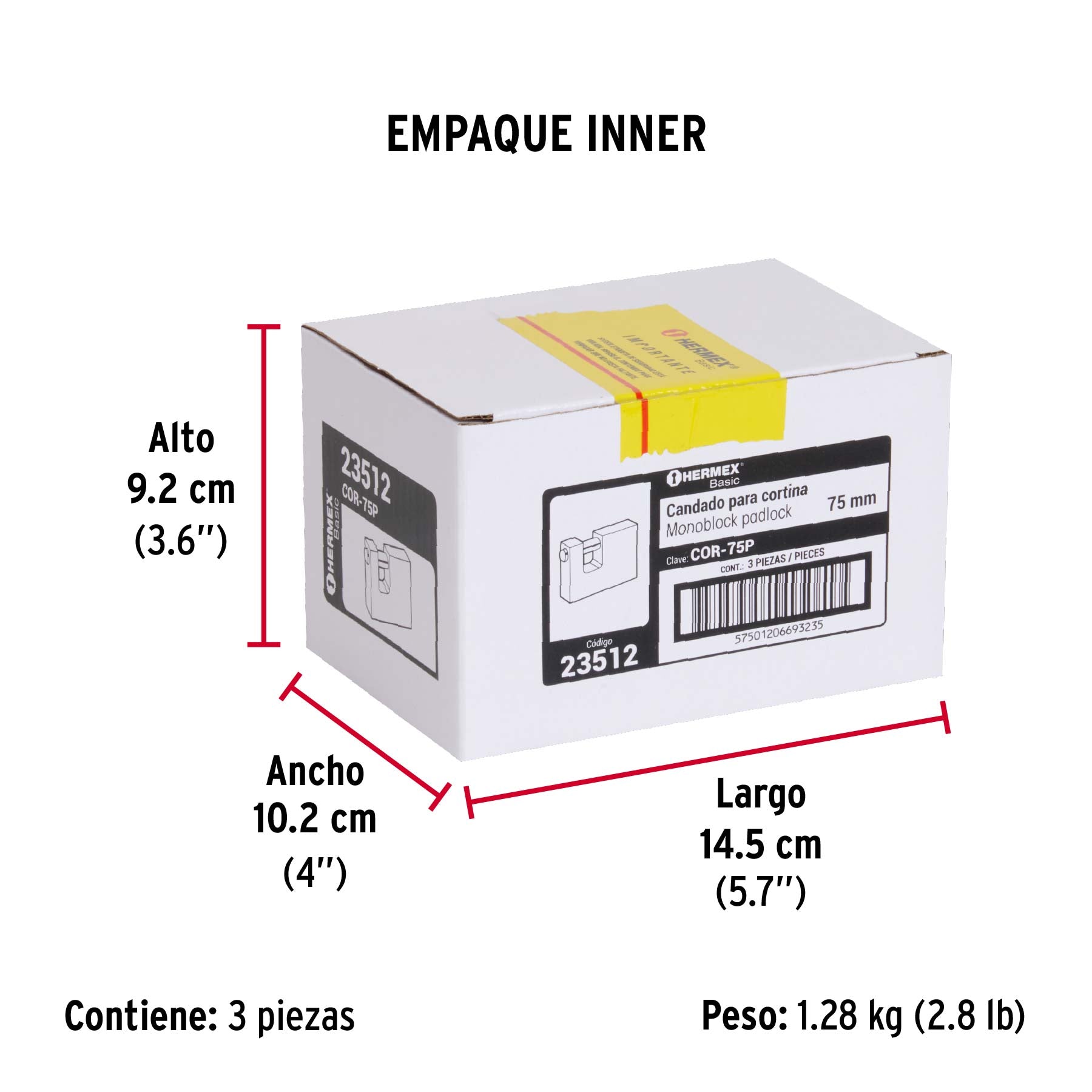 Candado antipalanca, 75mm, cuerpo de latón, Hermex Basic