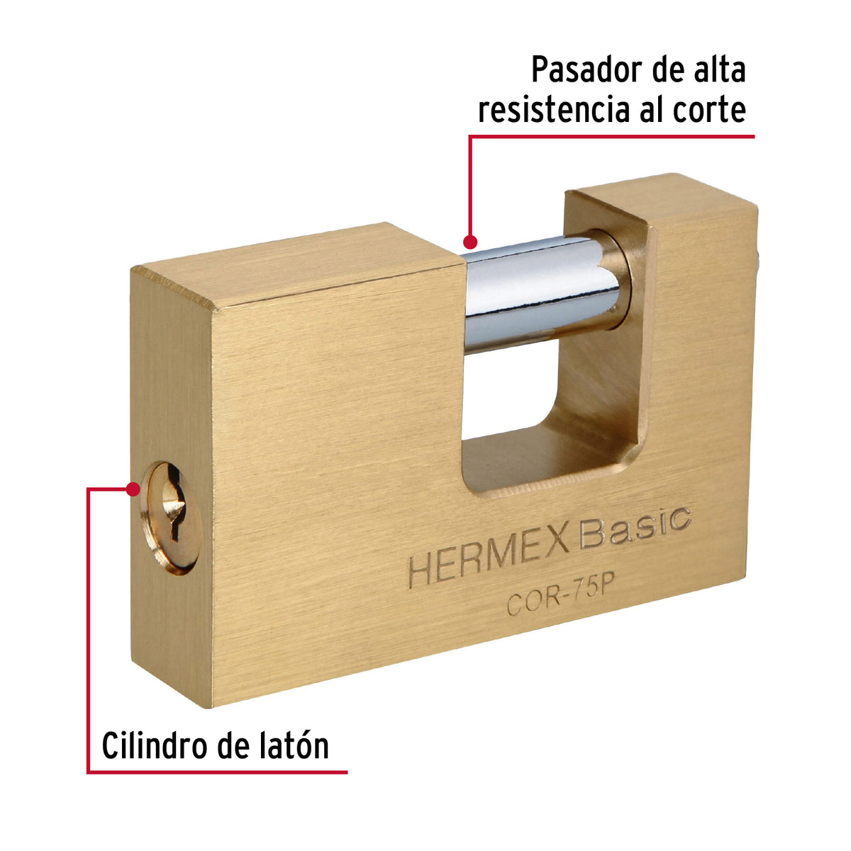 Candado antipalanca, 75mm, cuerpo de latón, Hermex Basic