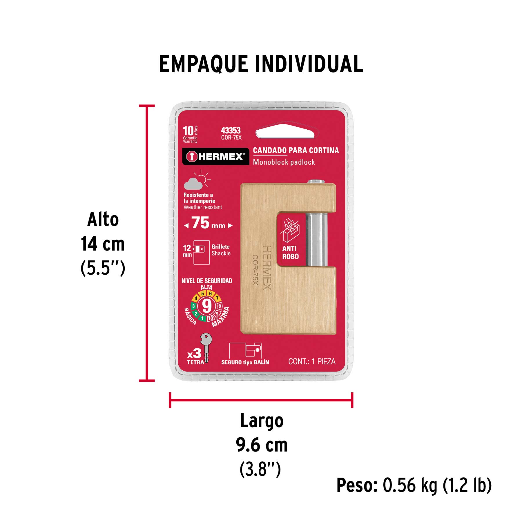 Candado antipalanca, 75mm, cuerpo de latón, llave tetra