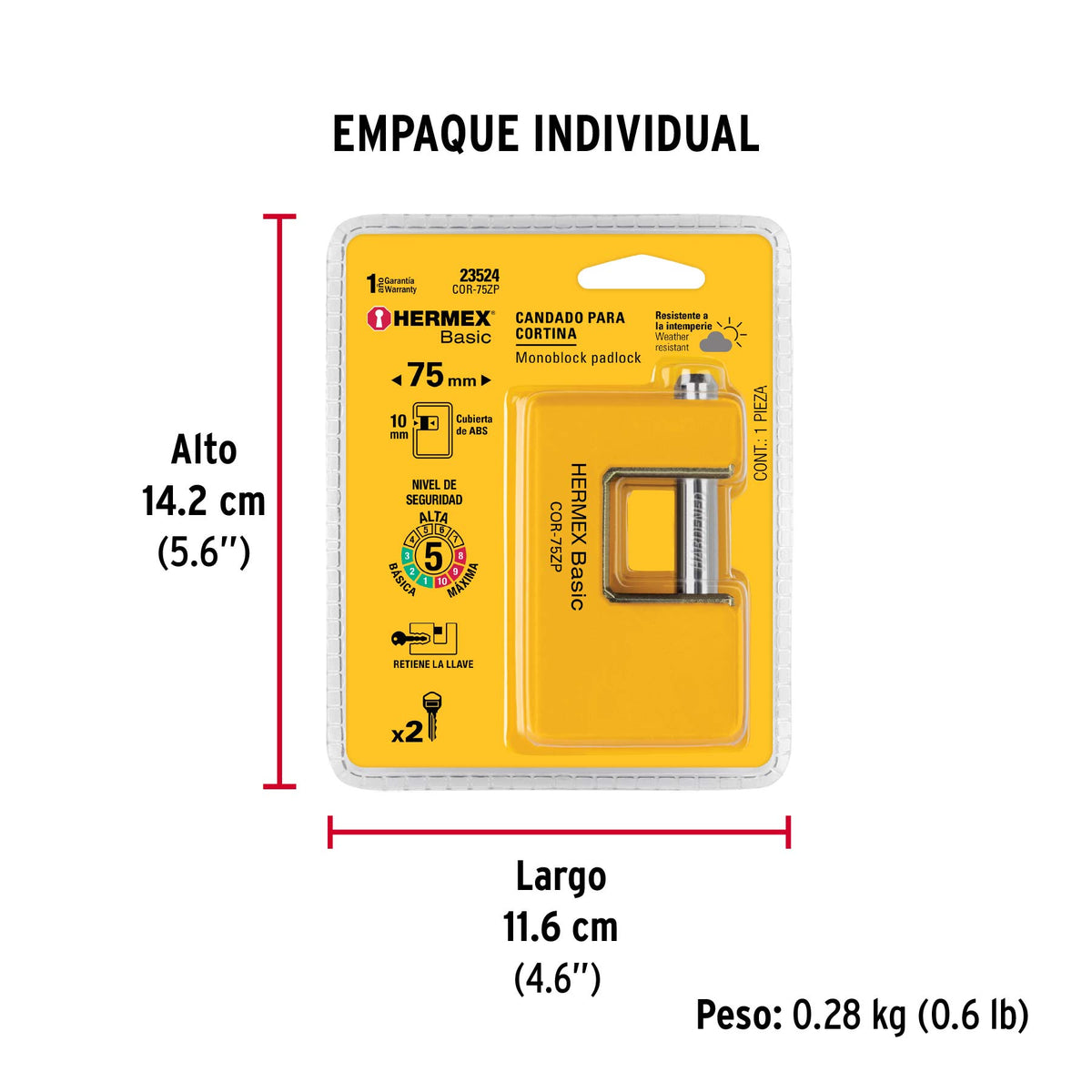 Candado antipalanca, 75mm, cuerpo metálico, Hermex Basic