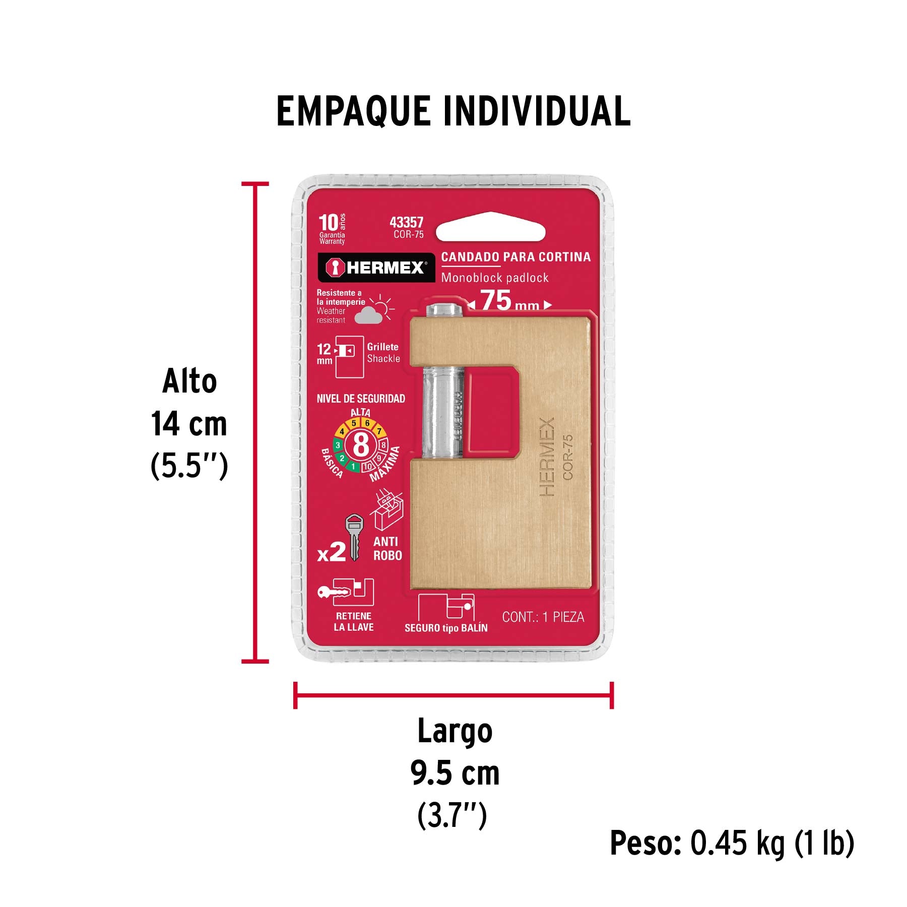 Candado antipalanca, 75mm, cuerpo de latón llave tradicional