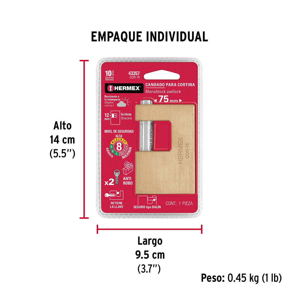 Candado antipalanca, 75mm, cuerpo de latón llave tradicional