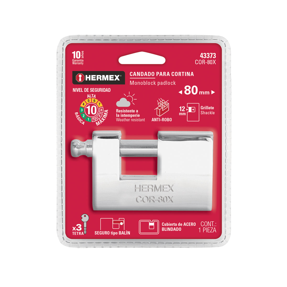 Candado antipalanca, 80mm, blindado, llave tetra