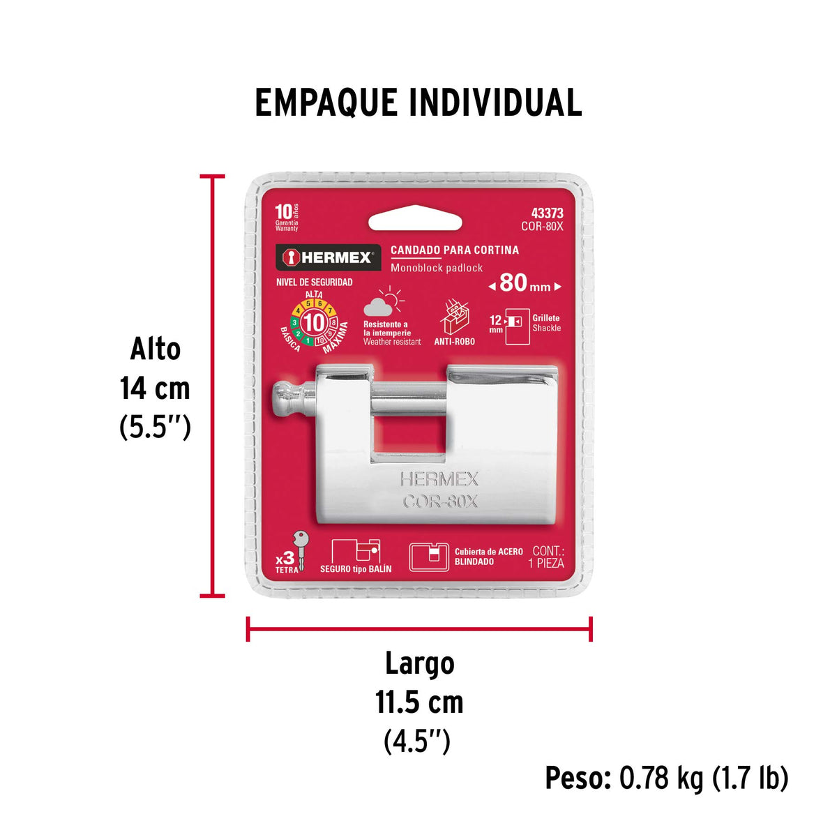 Candado antipalanca, 80mm, blindado, llave tetra