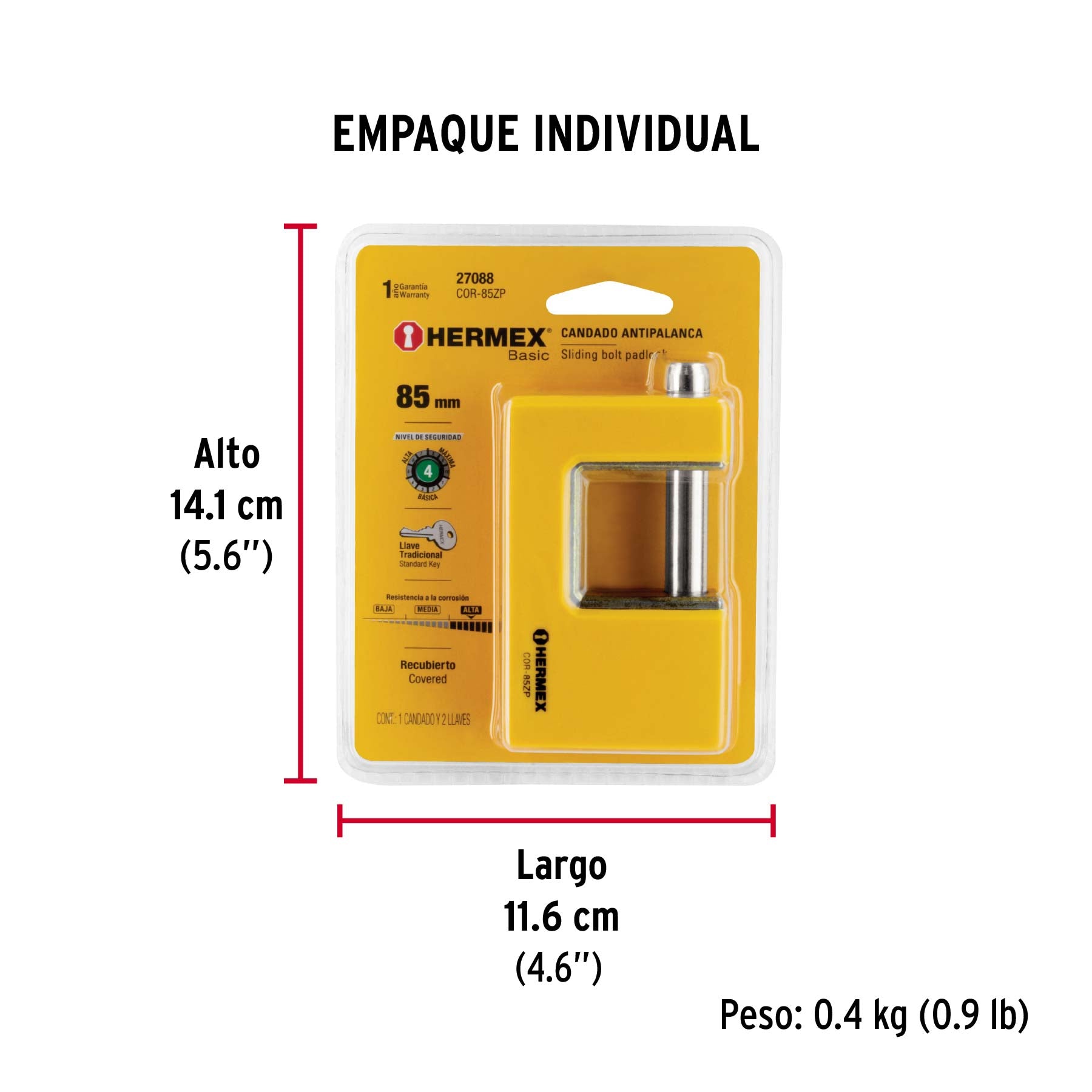 Candado antipalanca, 85mm, cuerpo metálico, Hermex Basic