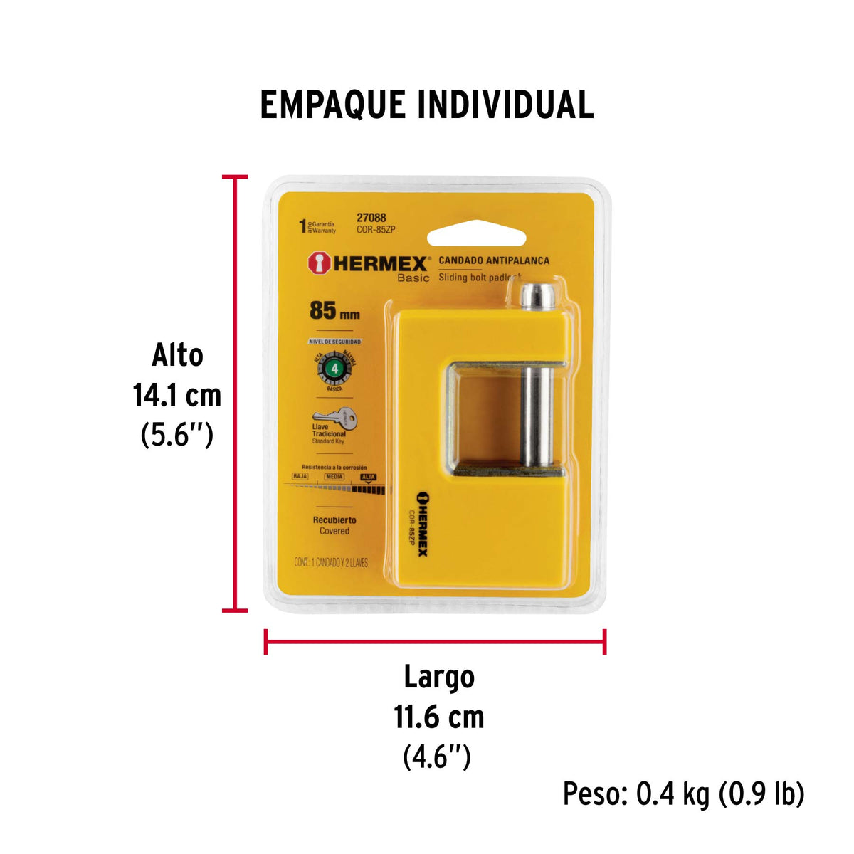 Candado antipalanca, 85mm, cuerpo metálico, Hermex Basic