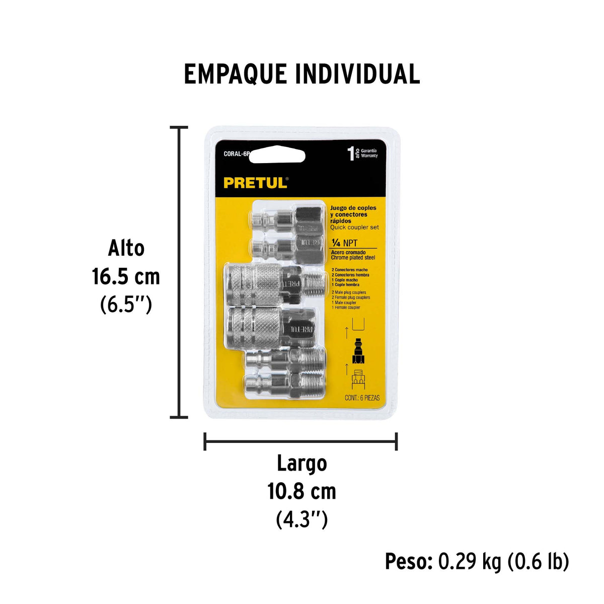 Juego de 4 conectores y 2 coples, compresor de aire, Pretul