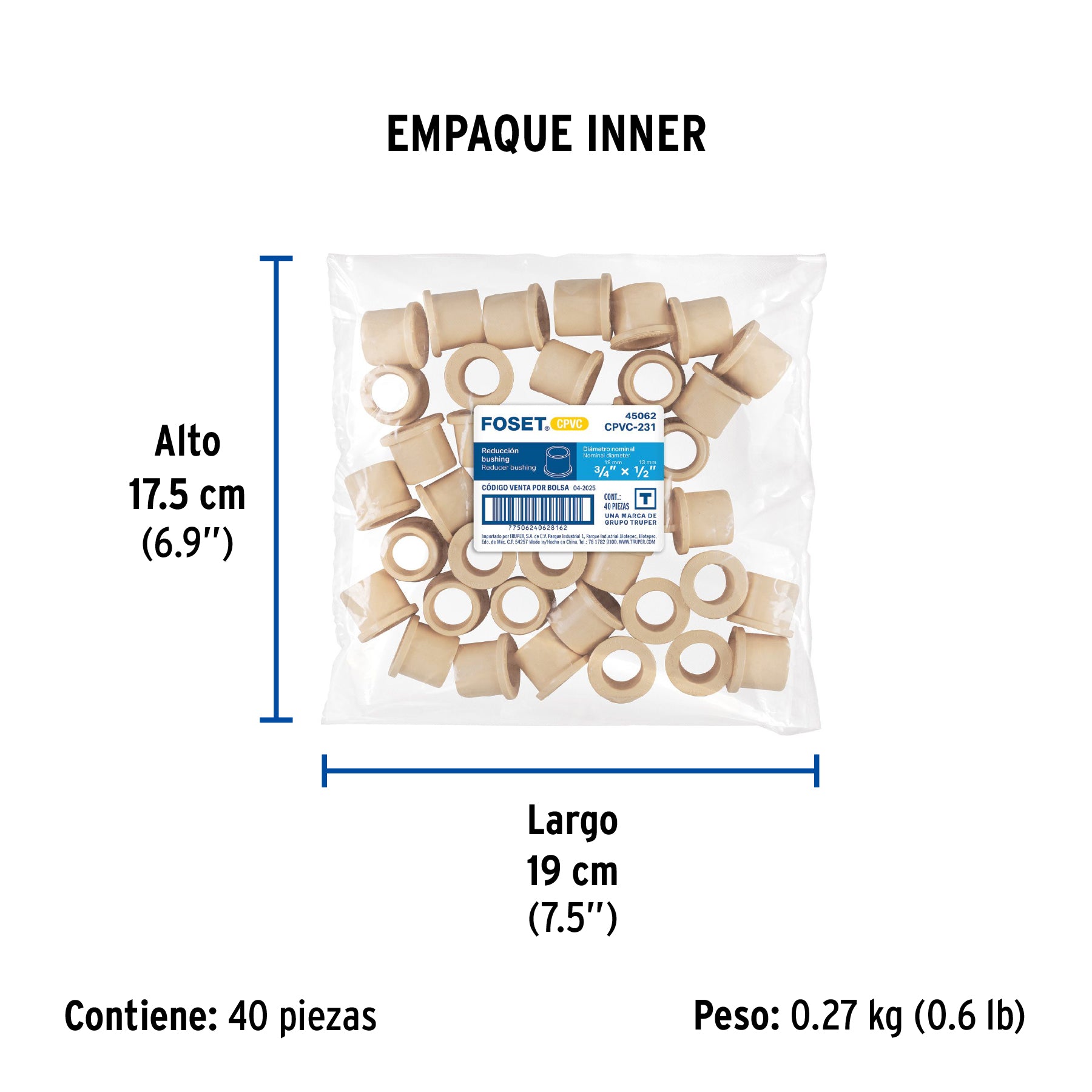 Reducción bushing de CPVC, 3/4" x 1/2"