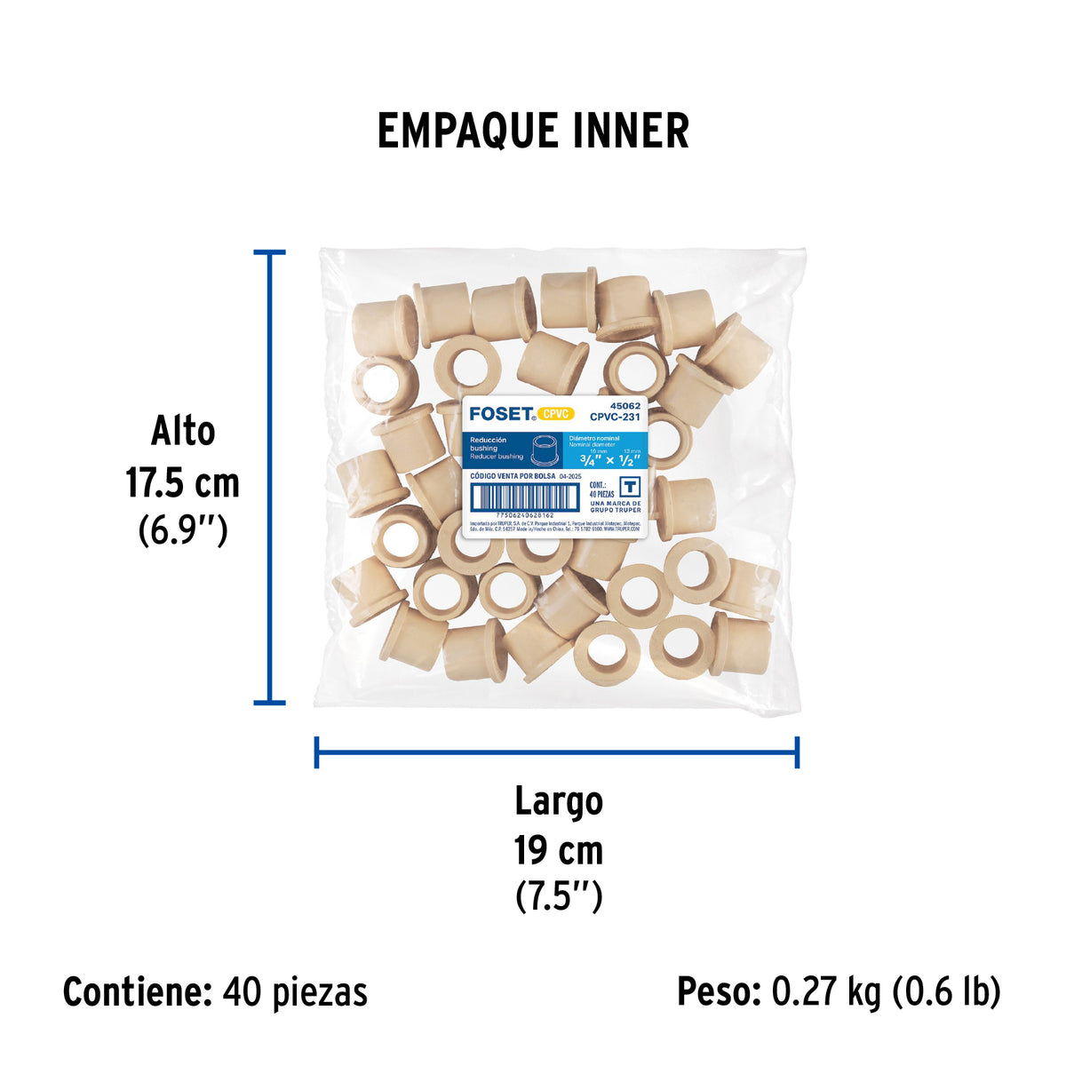 Reducción bushing de CPVC, 3/4" x 1/2"