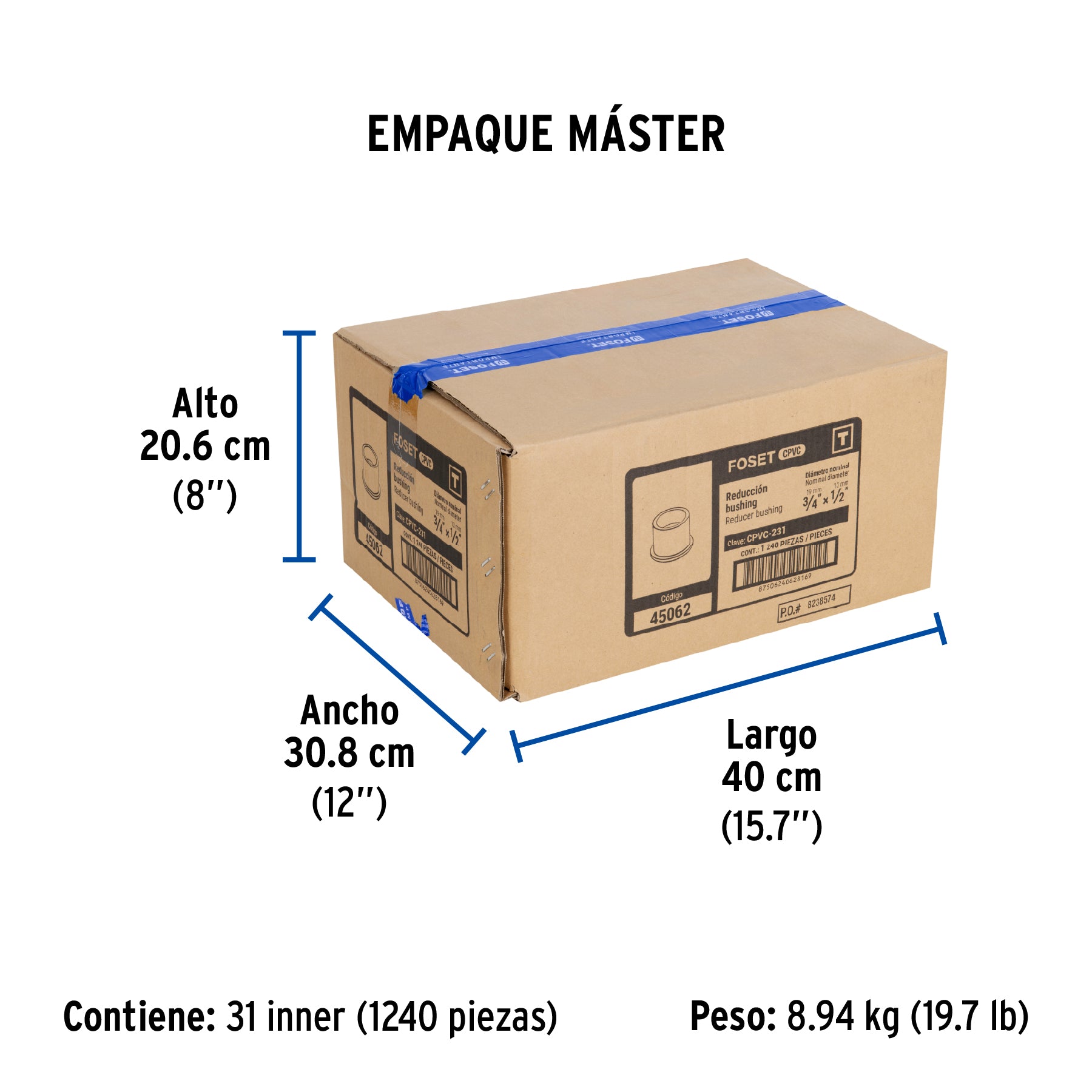 Reducción bushing de CPVC, 3/4" x 1/2"
