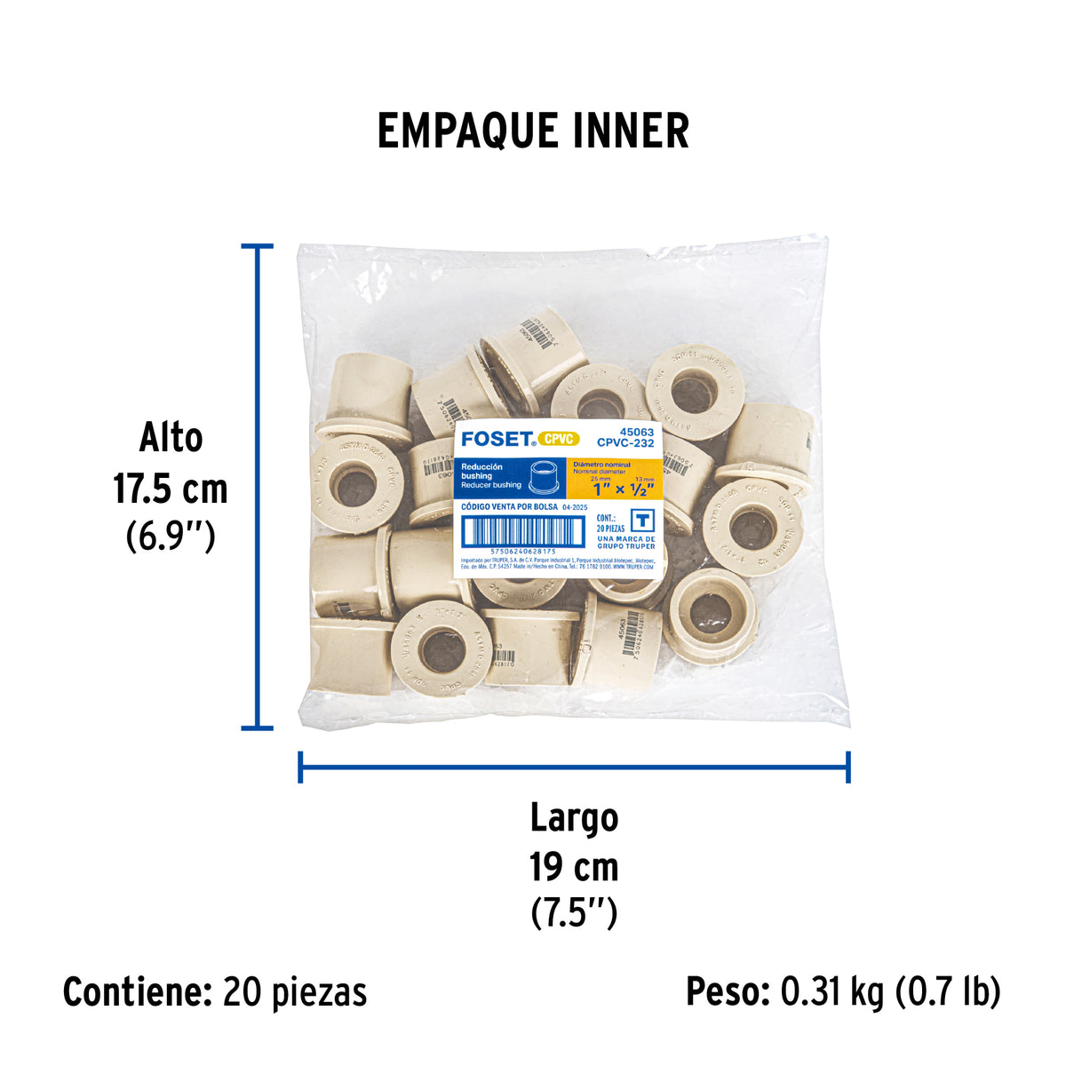 Reducción bushing de CPVC, 1" x 1/2"