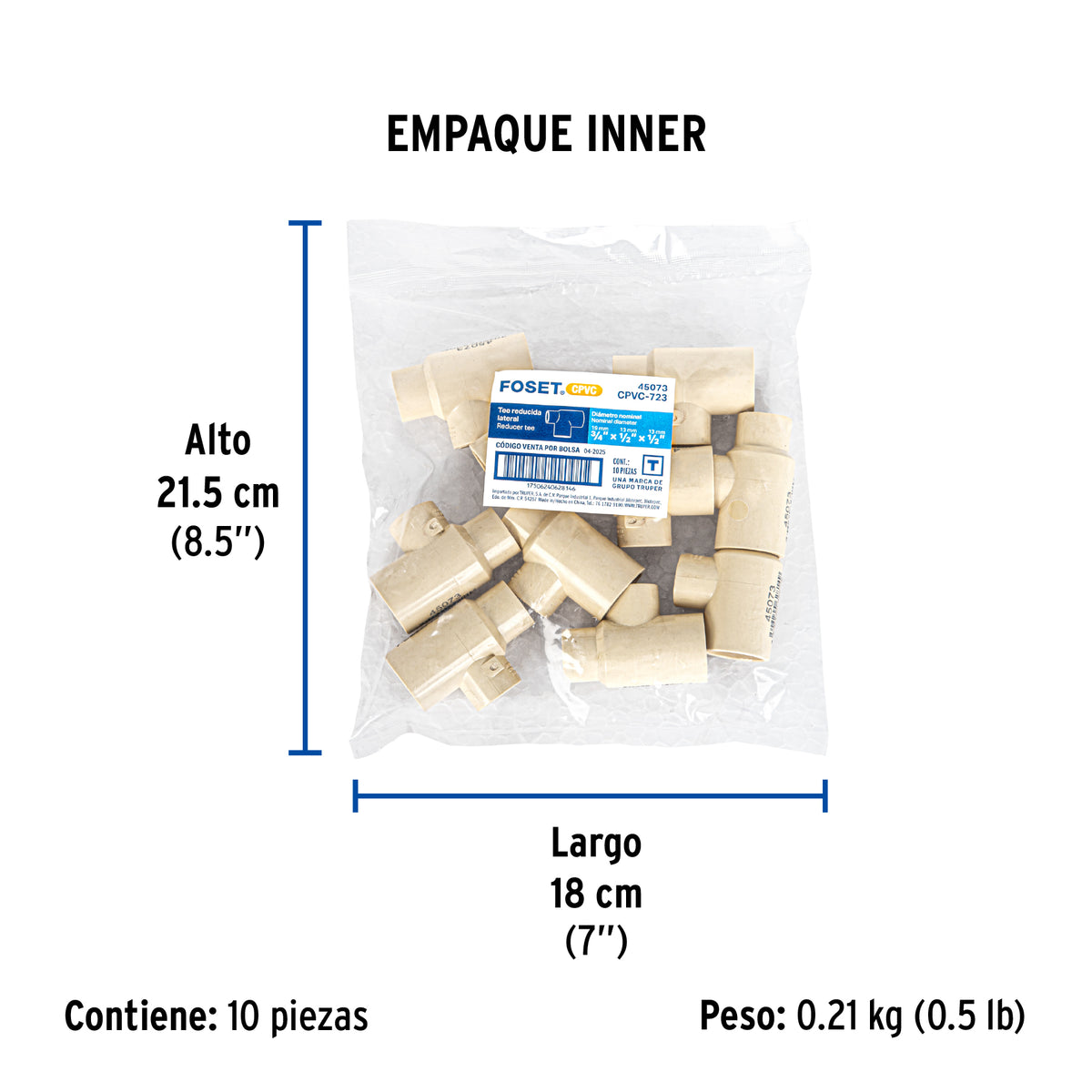 Tee reducida de CPVC, 3/4" x 1/2" x 1/2"