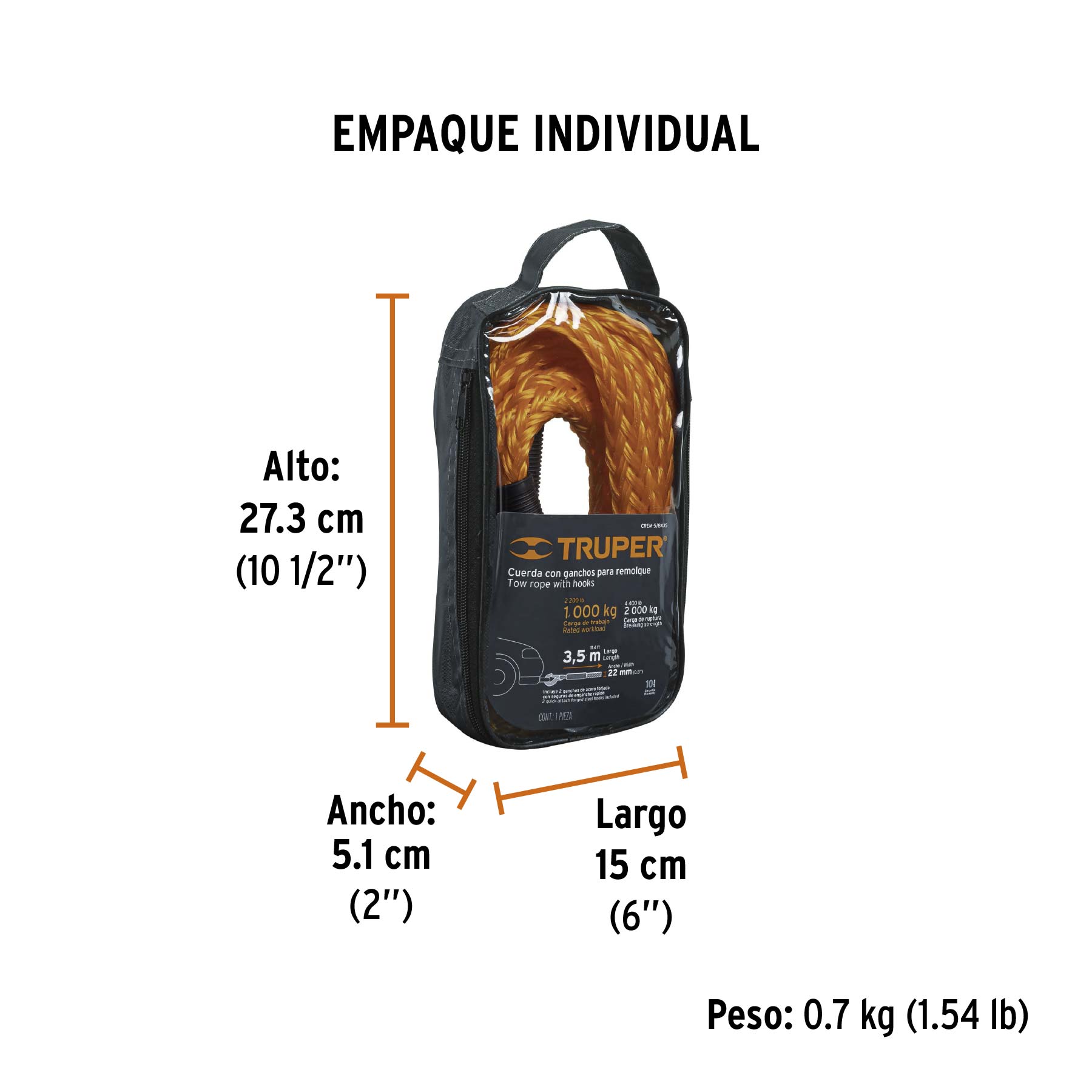 Cuerda para remolque con ganchos,5/8" x 3.5m