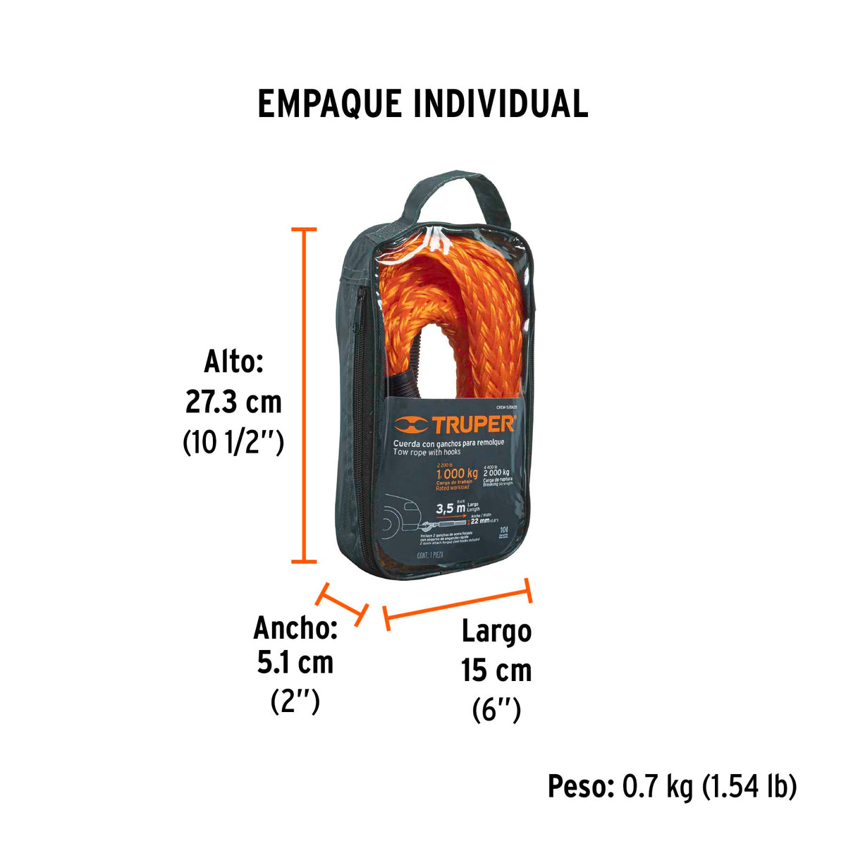 Cuerda para remolque con ganchos,5/8" x 3.5m