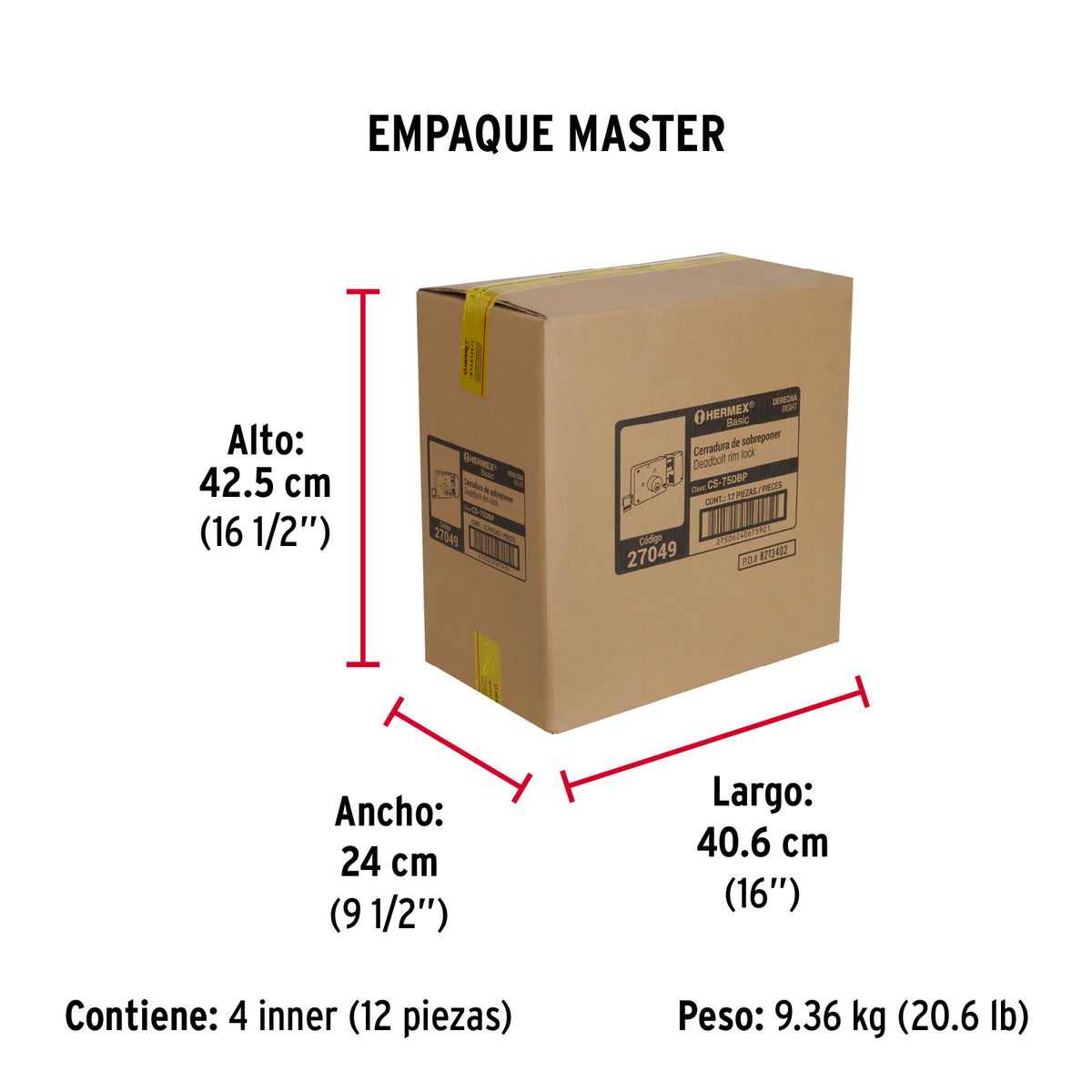 Cerradura sobreponer,instala-fácil, der,blister,Hermex Basic