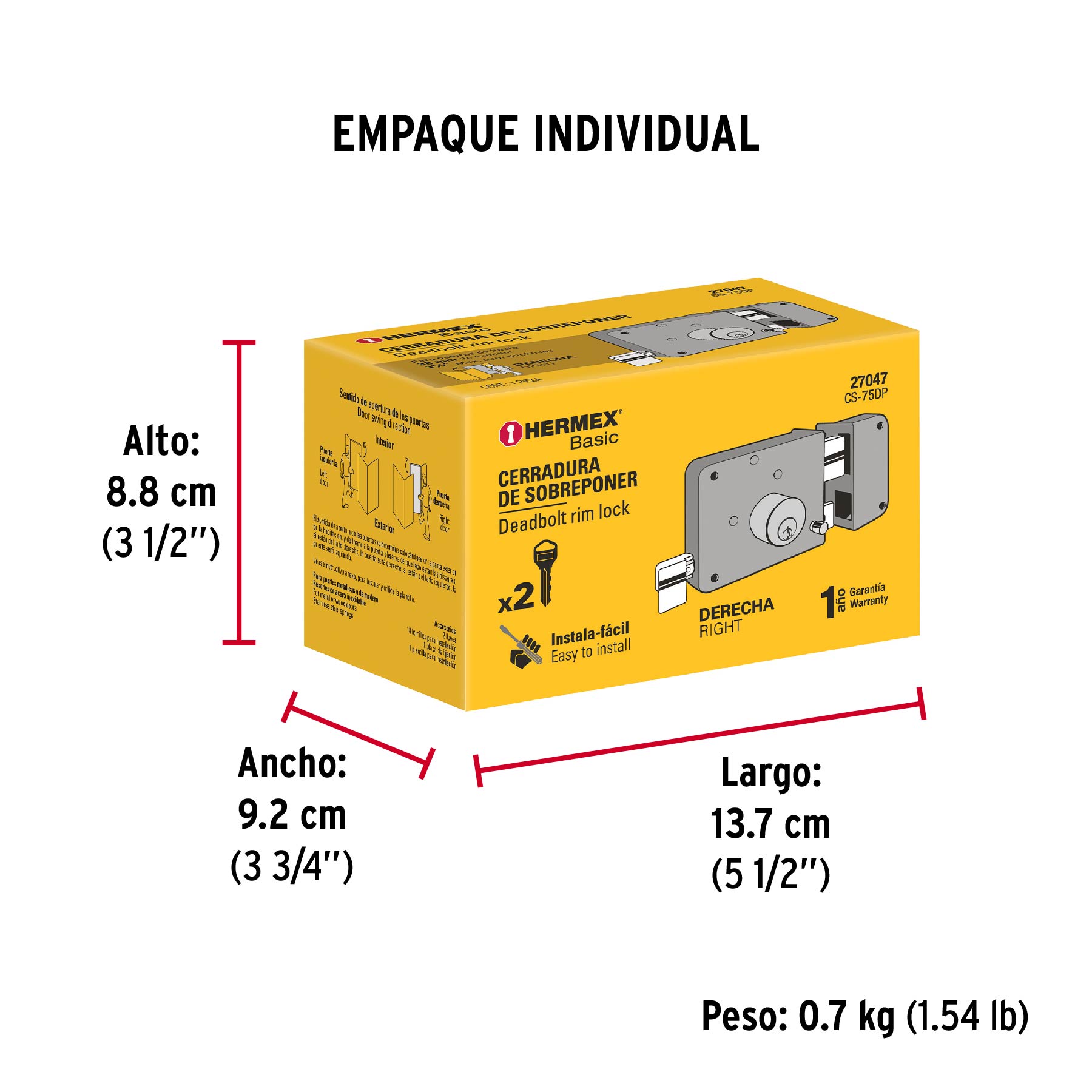 Cerradura sobreponer, instala-fácil, derecha, Hermex Basic