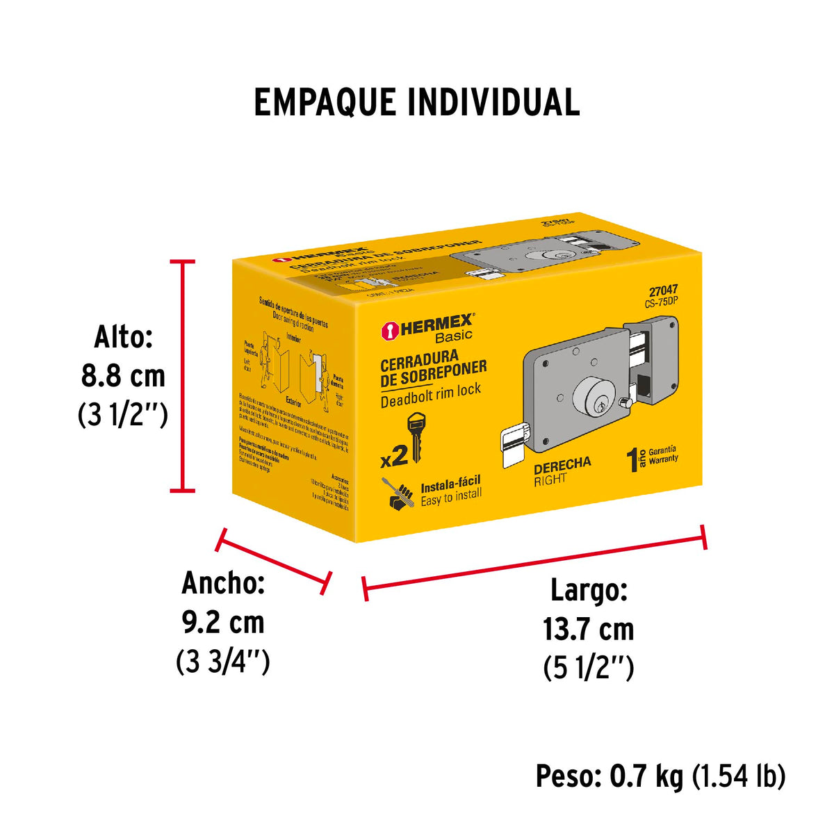 Cerradura sobreponer, instala-fácil, derecha, Hermex Basic