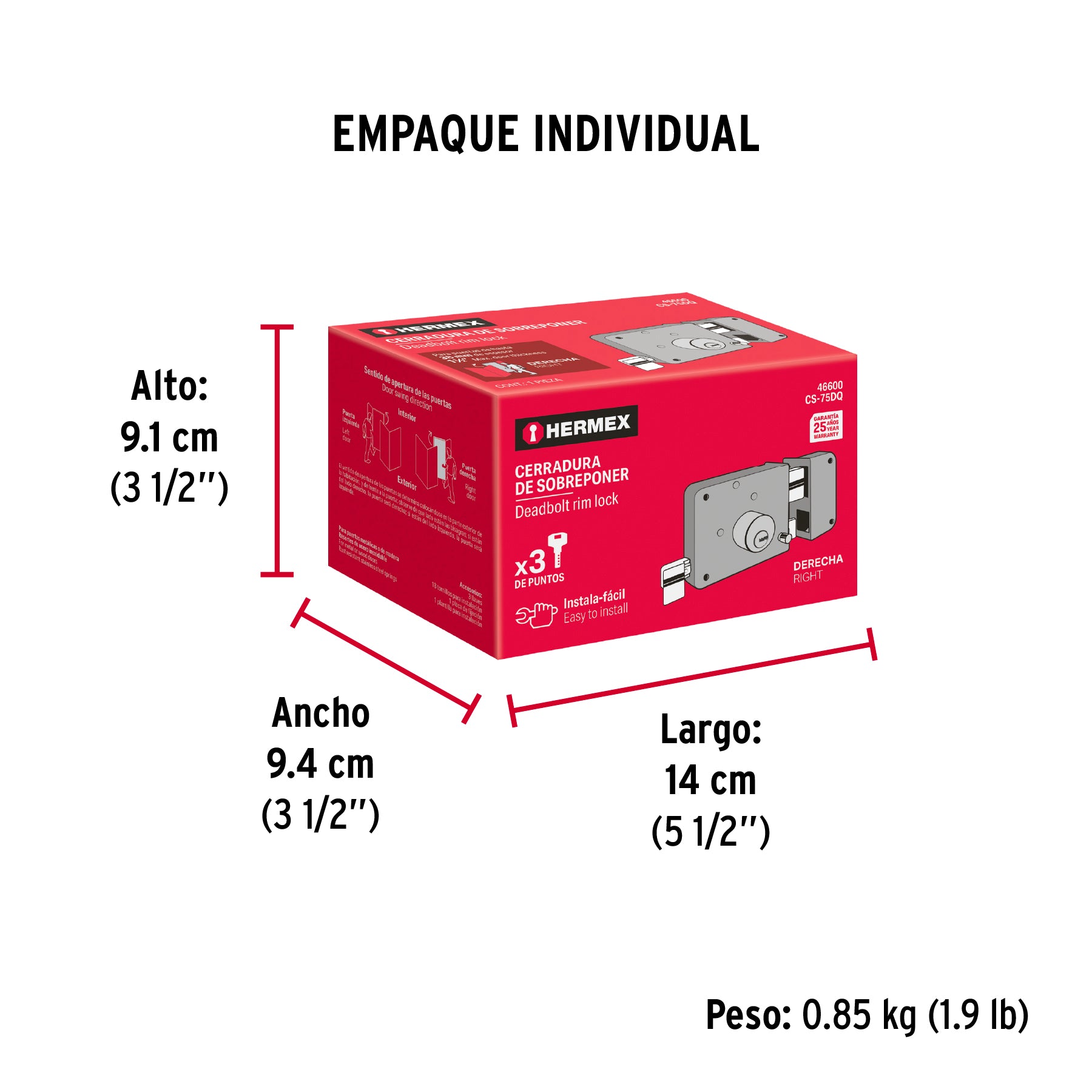Cerradura sobreponer der instalafácil,llave puntos, caja