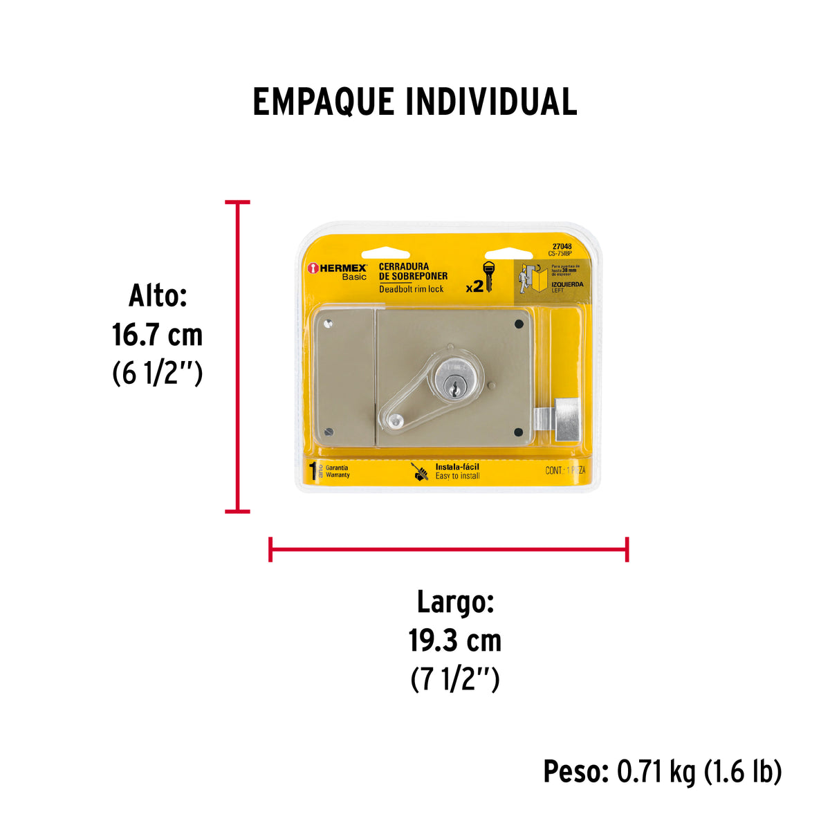 Cerradura sobreponer,instala-fácil, izq,blister,Hermex Basic