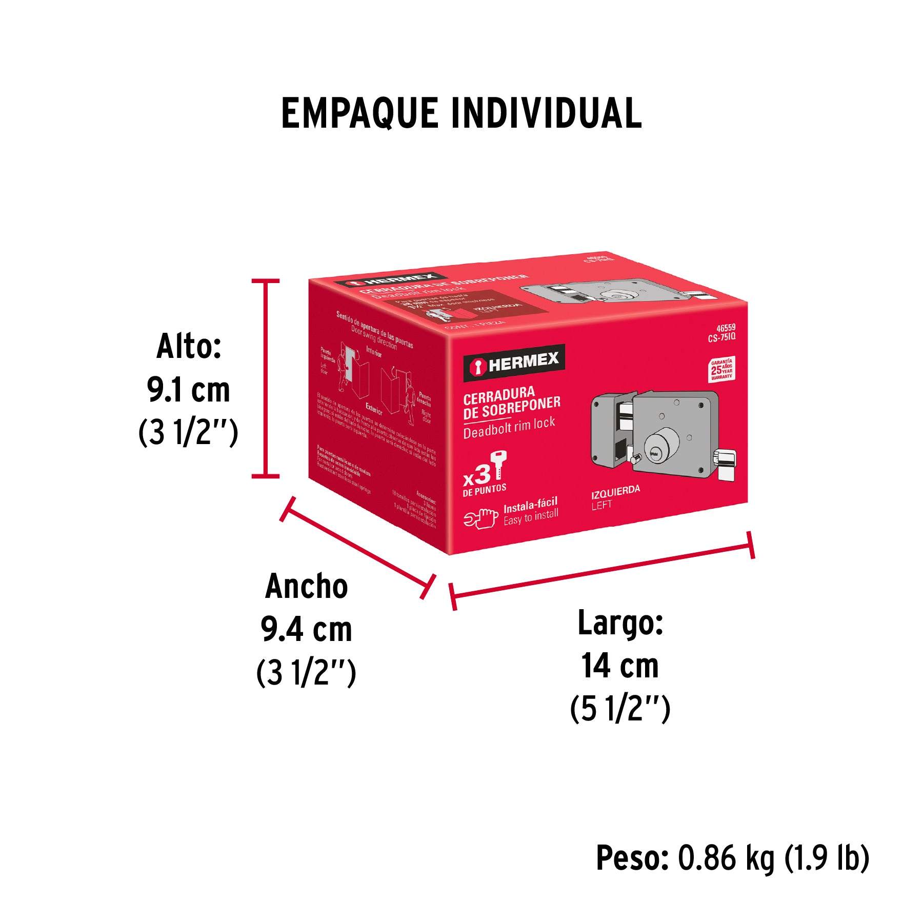 Cerradura sobreponer izq instalafácil, llave puntos, caja