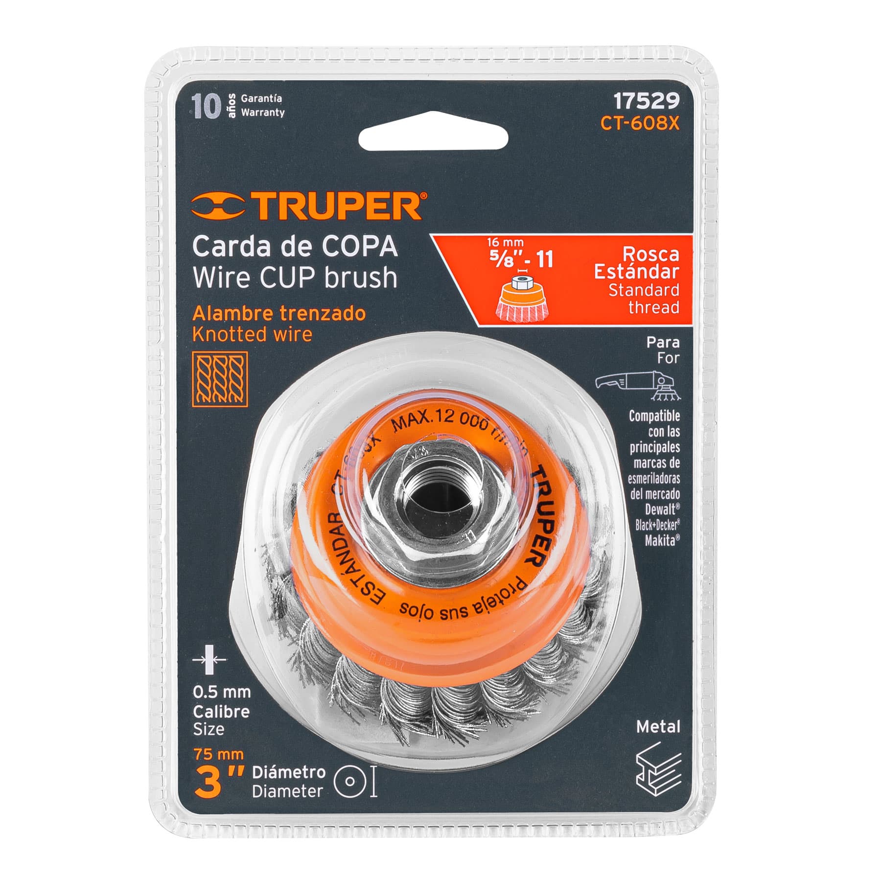 Carda copa, alambre trenzado grueso, 3x5/8", para esmeril