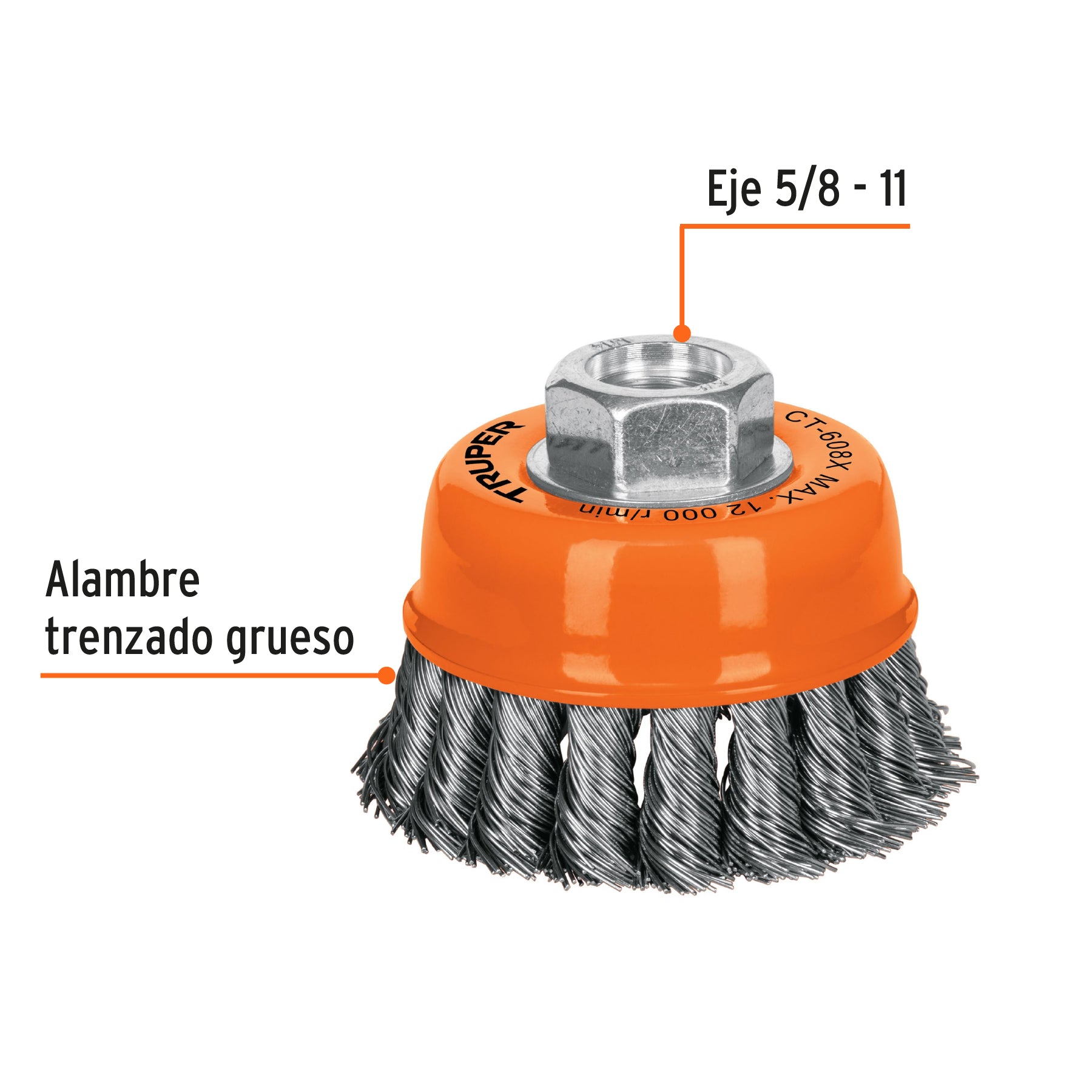 Carda copa, alambre trenzado grueso, 3x5/8", para esmeril