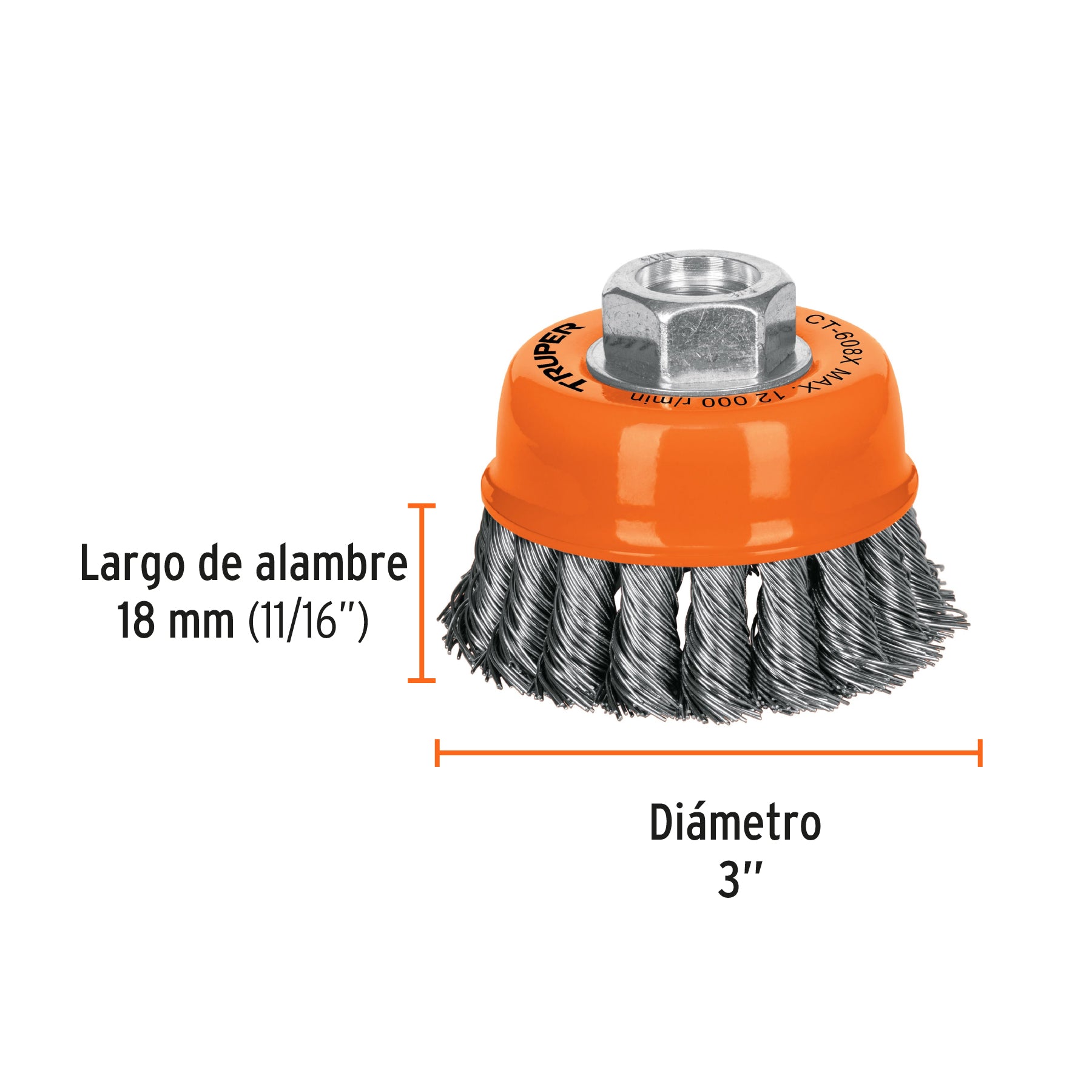 Carda copa, alambre trenzado grueso, 3x5/8", para esmeril