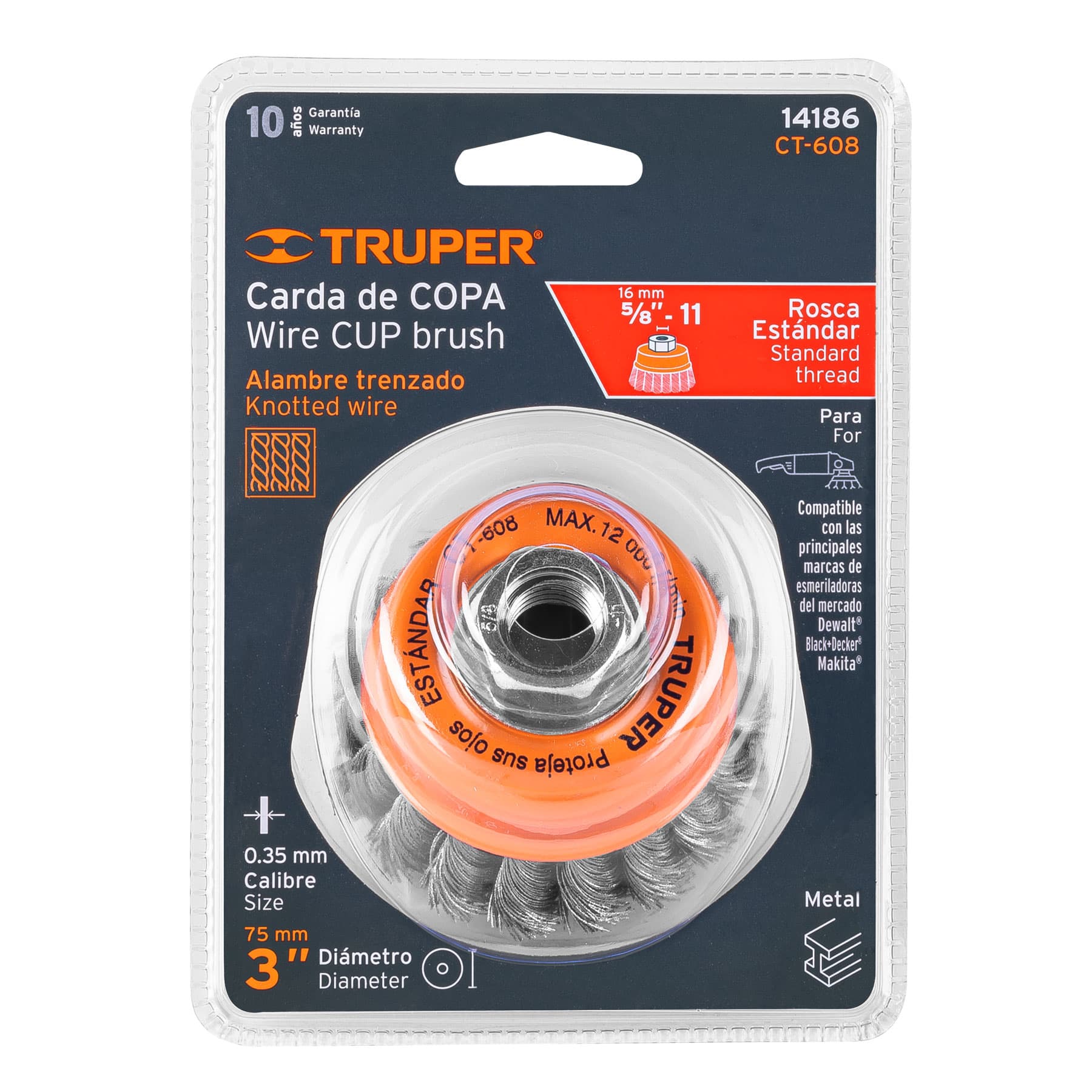 Carda de copa, alambre trenzado fino, 3" para esmeril