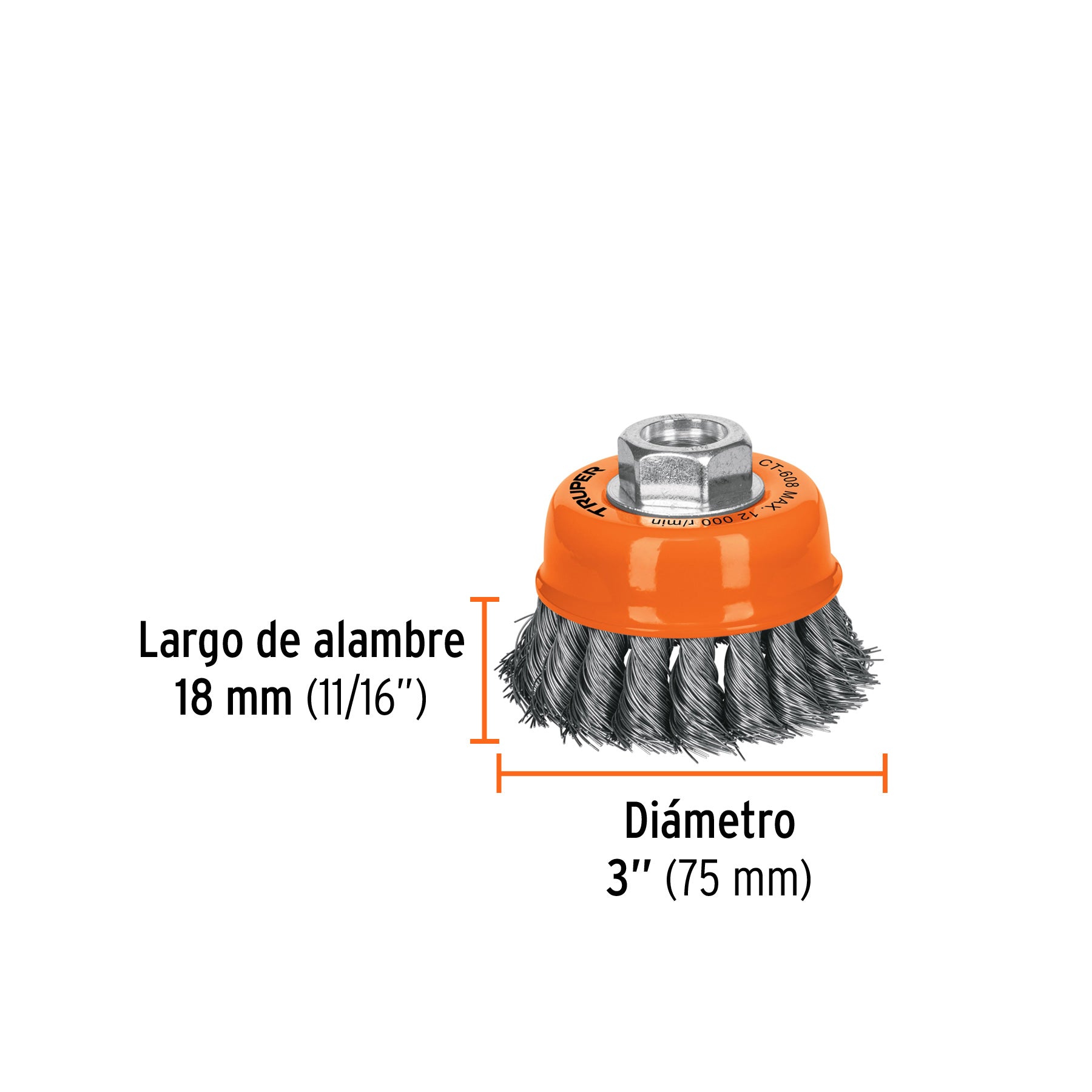 Carda de copa, alambre trenzado fino, 3" para esmeril