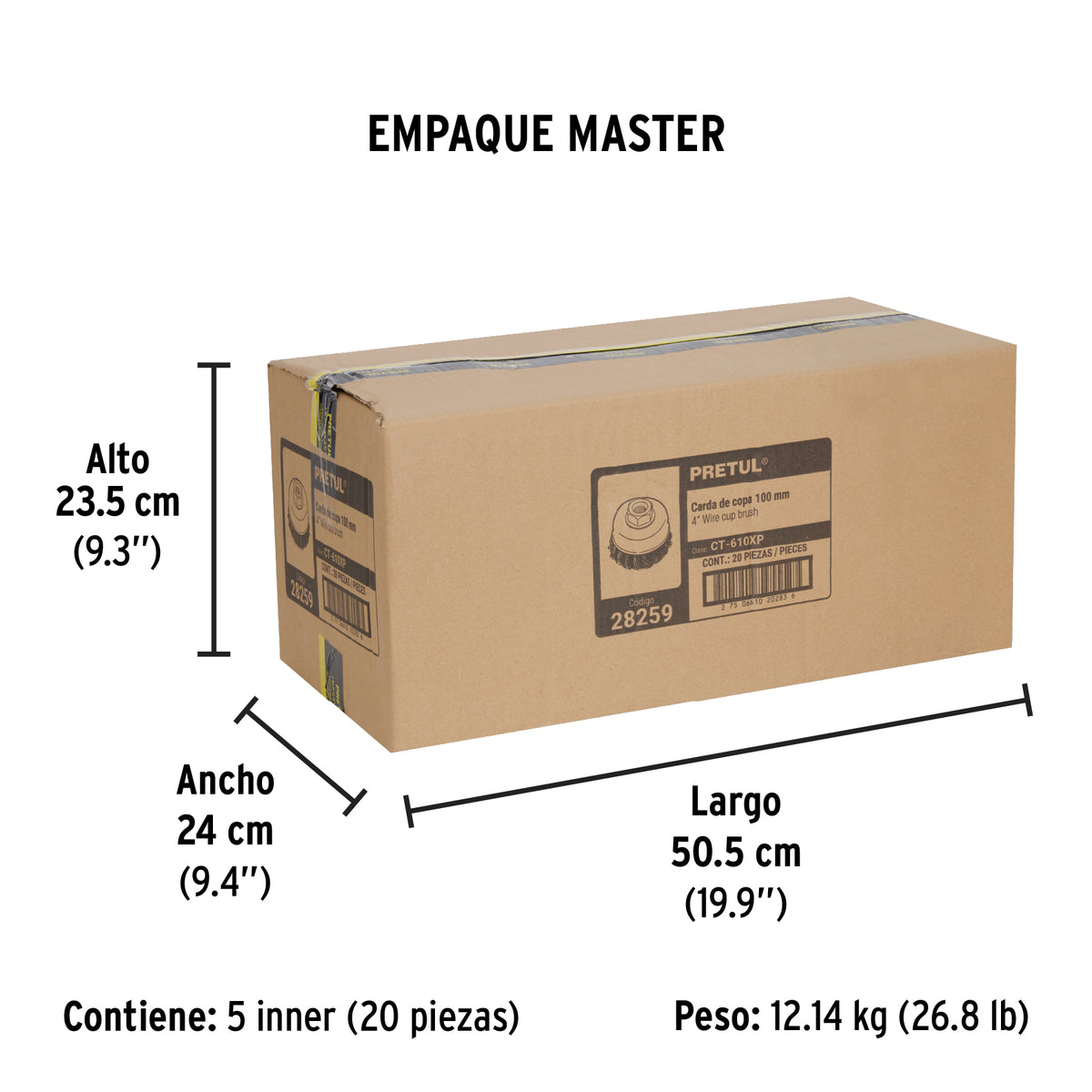 Carda copa 4' alambre trenzado grueso, eje 5/8'-11, Pretul