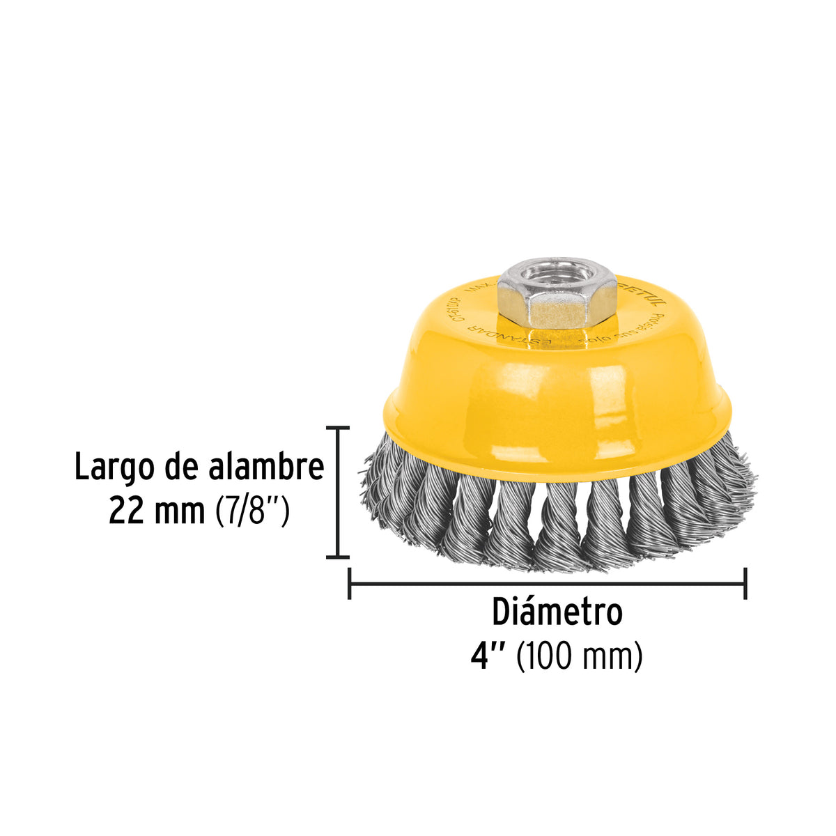 Carda copa 4' alambre trenzado grueso, eje 5/8'-11, Pretul