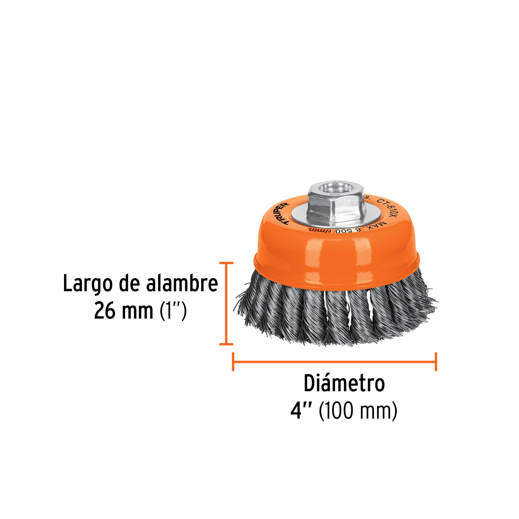 Carda copa, alambre trenzado grueso, 4x5/8", para esmeril