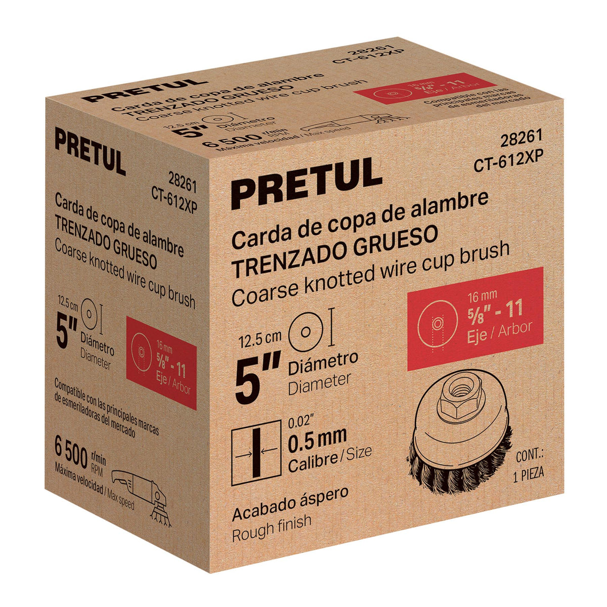Carda copa 5' alambre trenzado grueso, eje 5/8'-11, Pretul