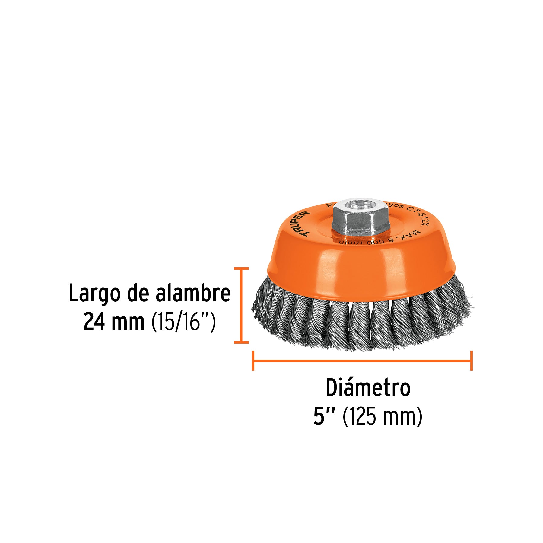Carda de copa, alambre trenzado grueso, 5" para esmeril