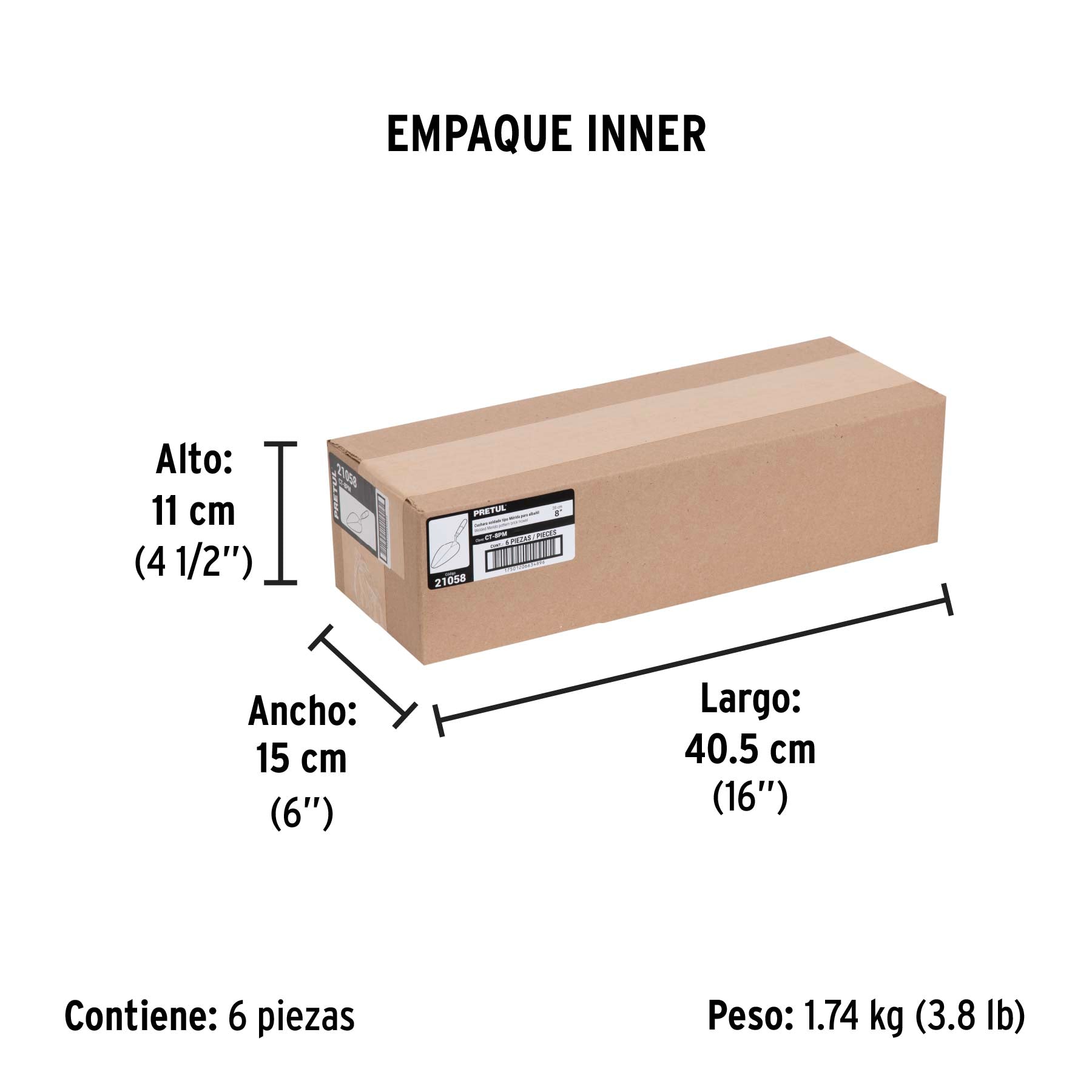 Cuchara para albañil, 8", tipo mérida, pretul